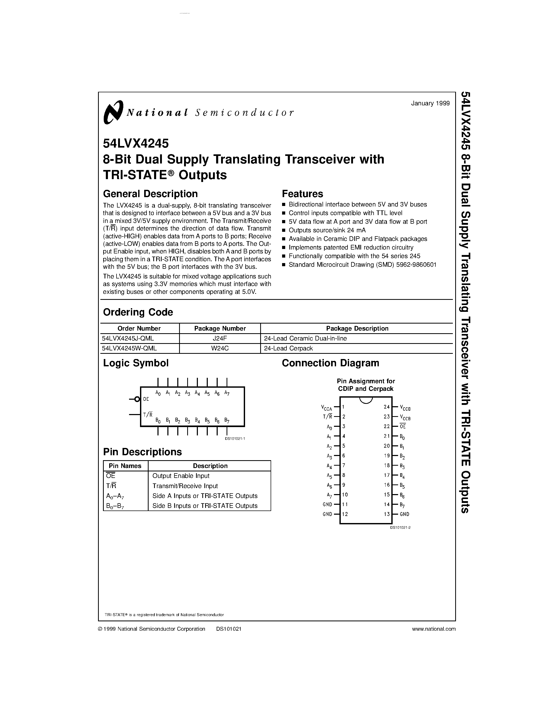 Даташит на микросхему 54LVX4245 страница 1 Даташит 54LVX4245 - 8-Bit Dual Supply Translating Transceiver страница 1