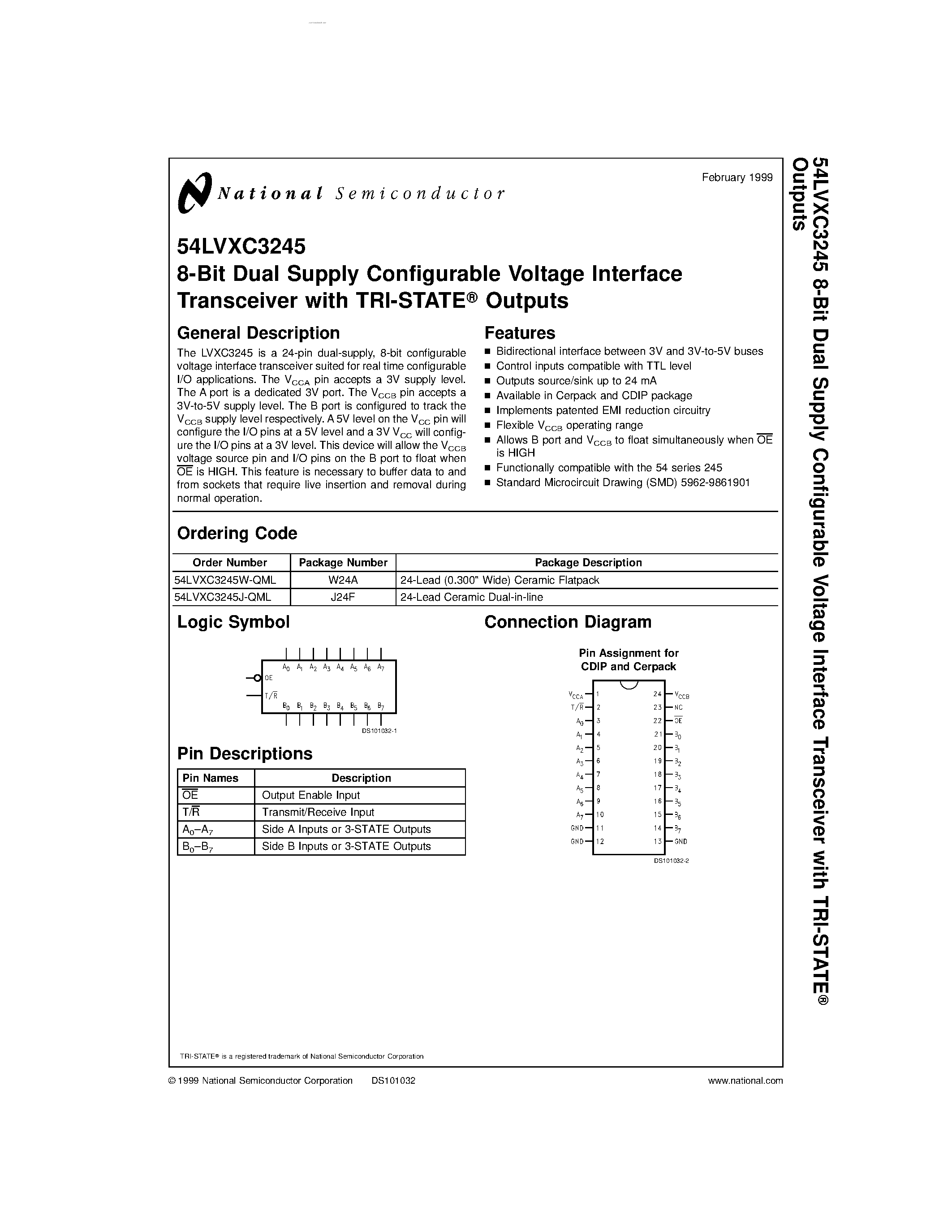 Даташит на микросхему 54LVXC3245 страница 1 Даташит 54LVXC3245 - 8-Bit Dual Supply Configurable Voltage Interface страница 1