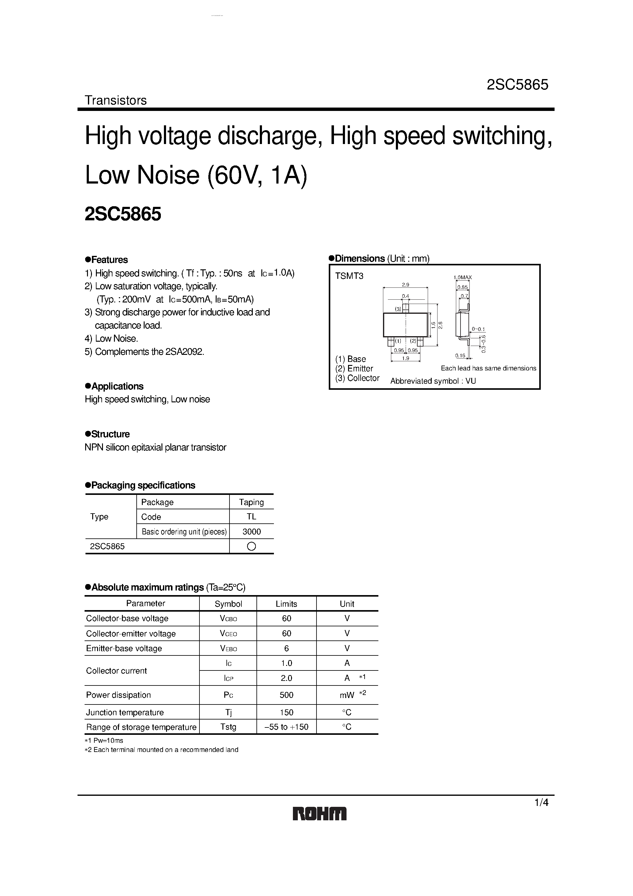 Даташит 2SC5865 - Transistors High voltage discharge страница 1