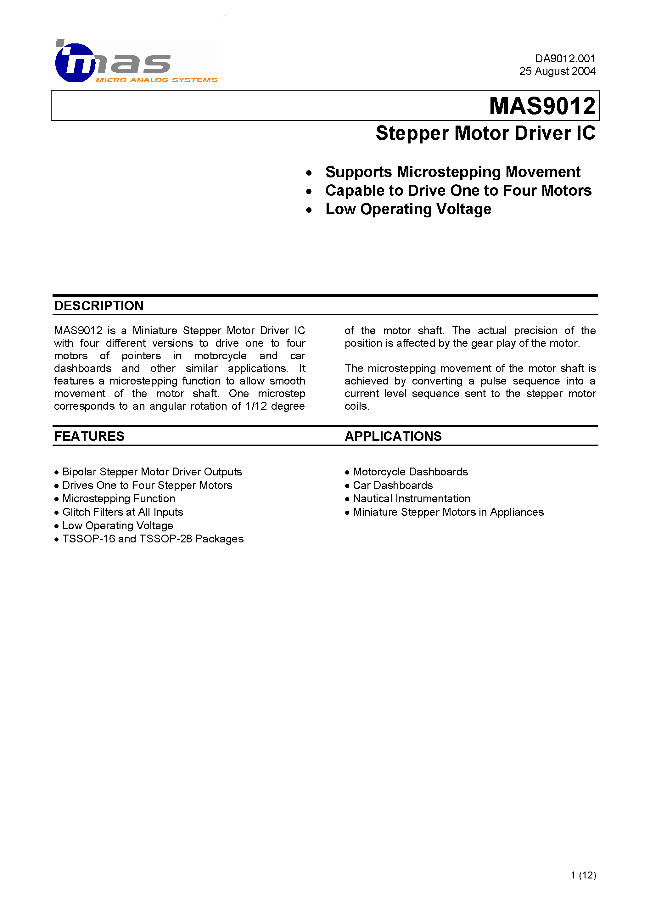 Даташит MAS9012 - Stepper Motor Driver IC страница 1