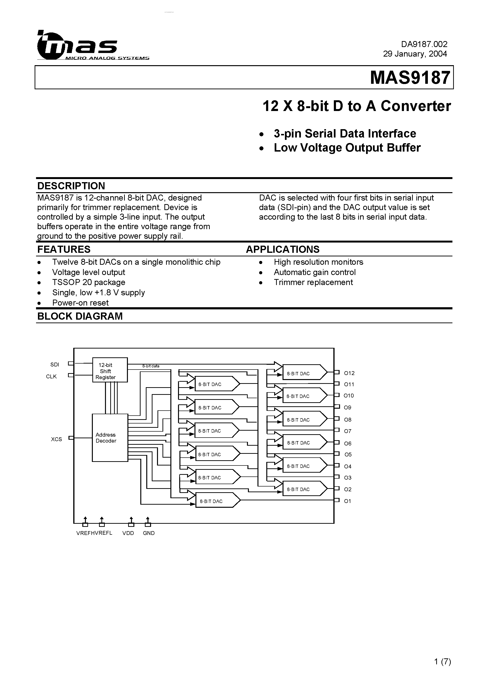 Даташит MAS9187 - 12 X 8-bit D to A Converter страница 1