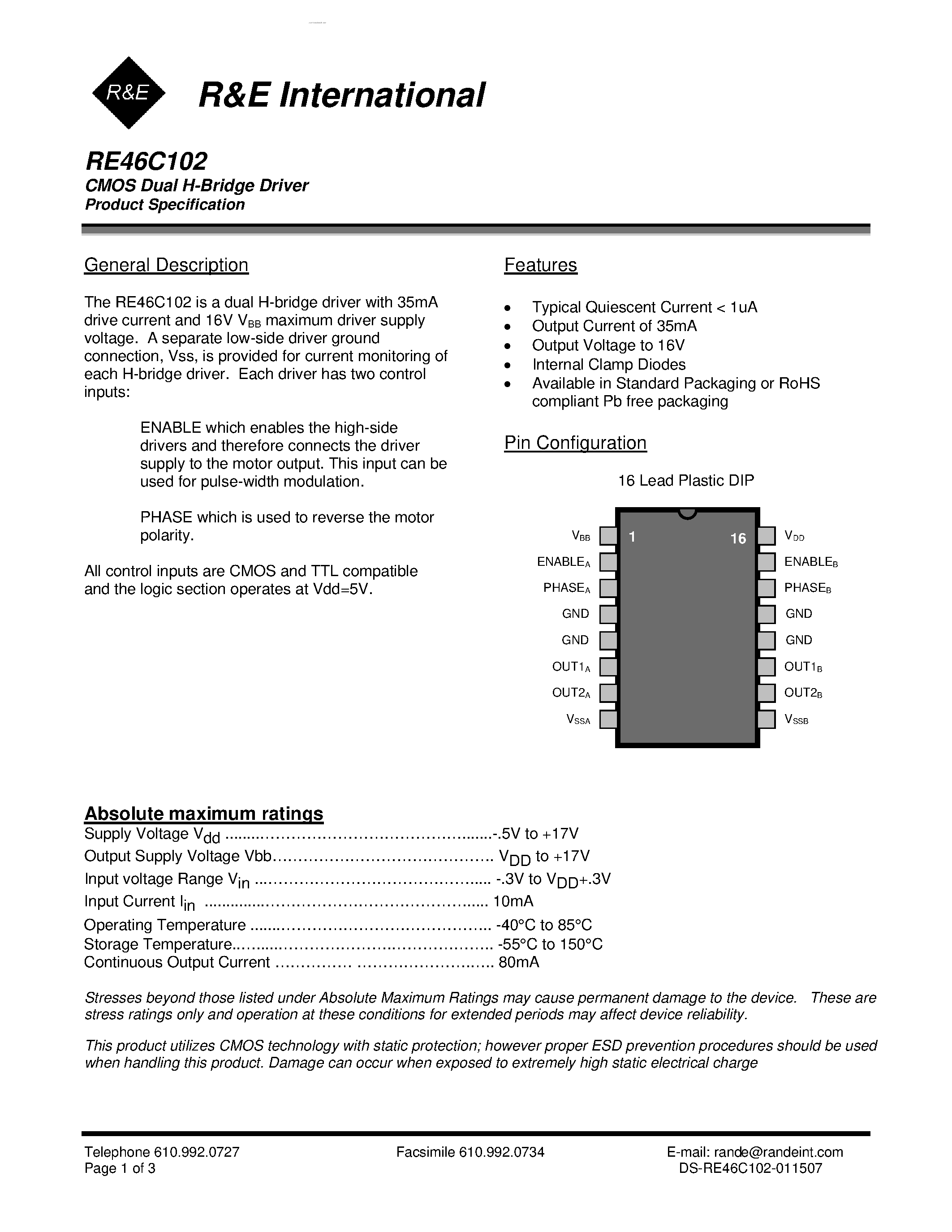Даташит RE46C102 - CMOS Dual H-Bridge Driver страница 1