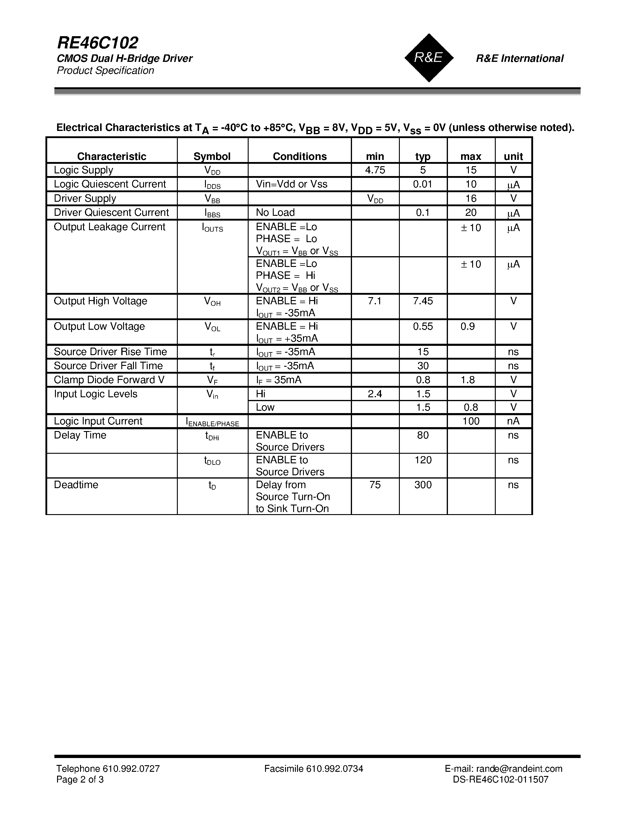 Даташит RE46C102 - CMOS Dual H-Bridge Driver страница 2