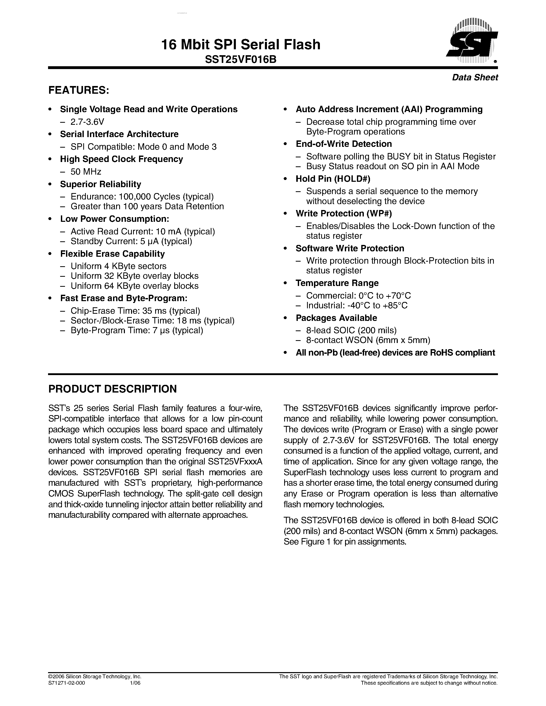 Datasheet SST25VF016B - 16 Mbit SPI Serial Flash page 1