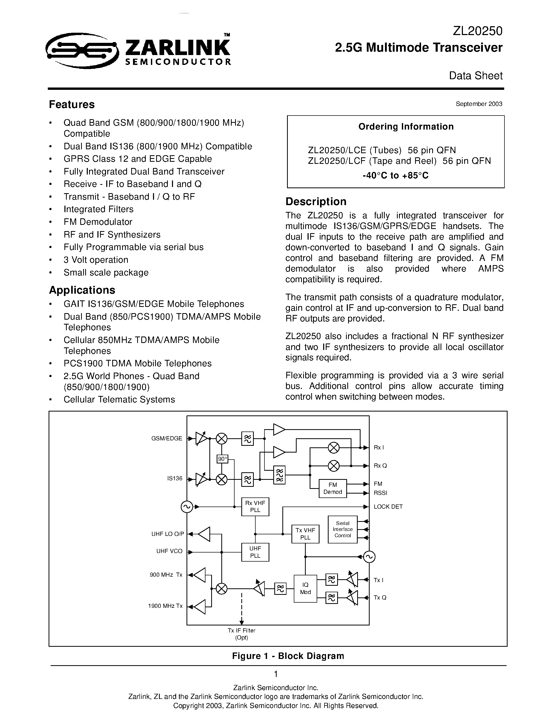 Datasheet ZL20250 - 2.5G Multimode Transceiver page 1