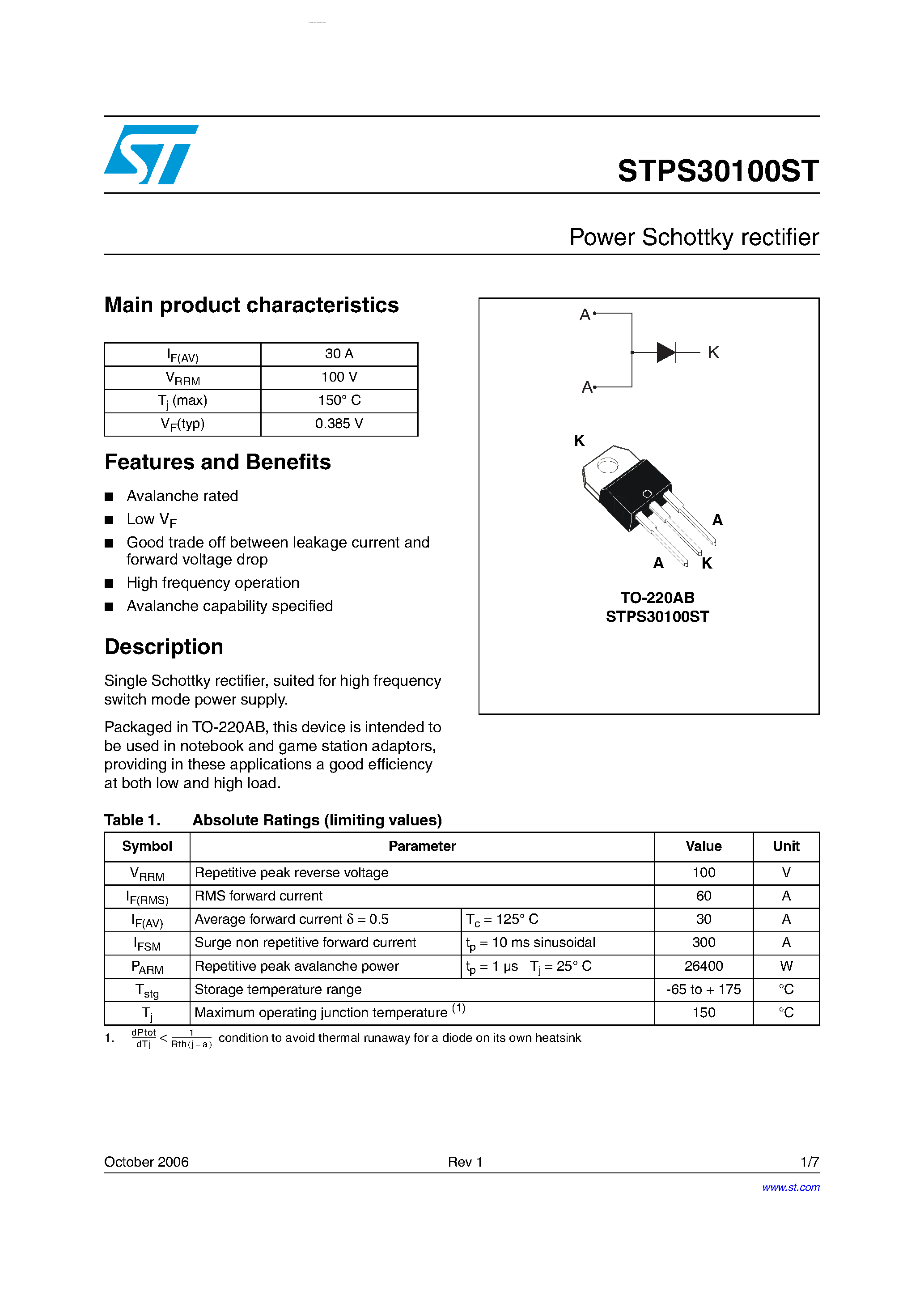 Datasheet STPS30100ST - Power Schottky Rectifier page 1