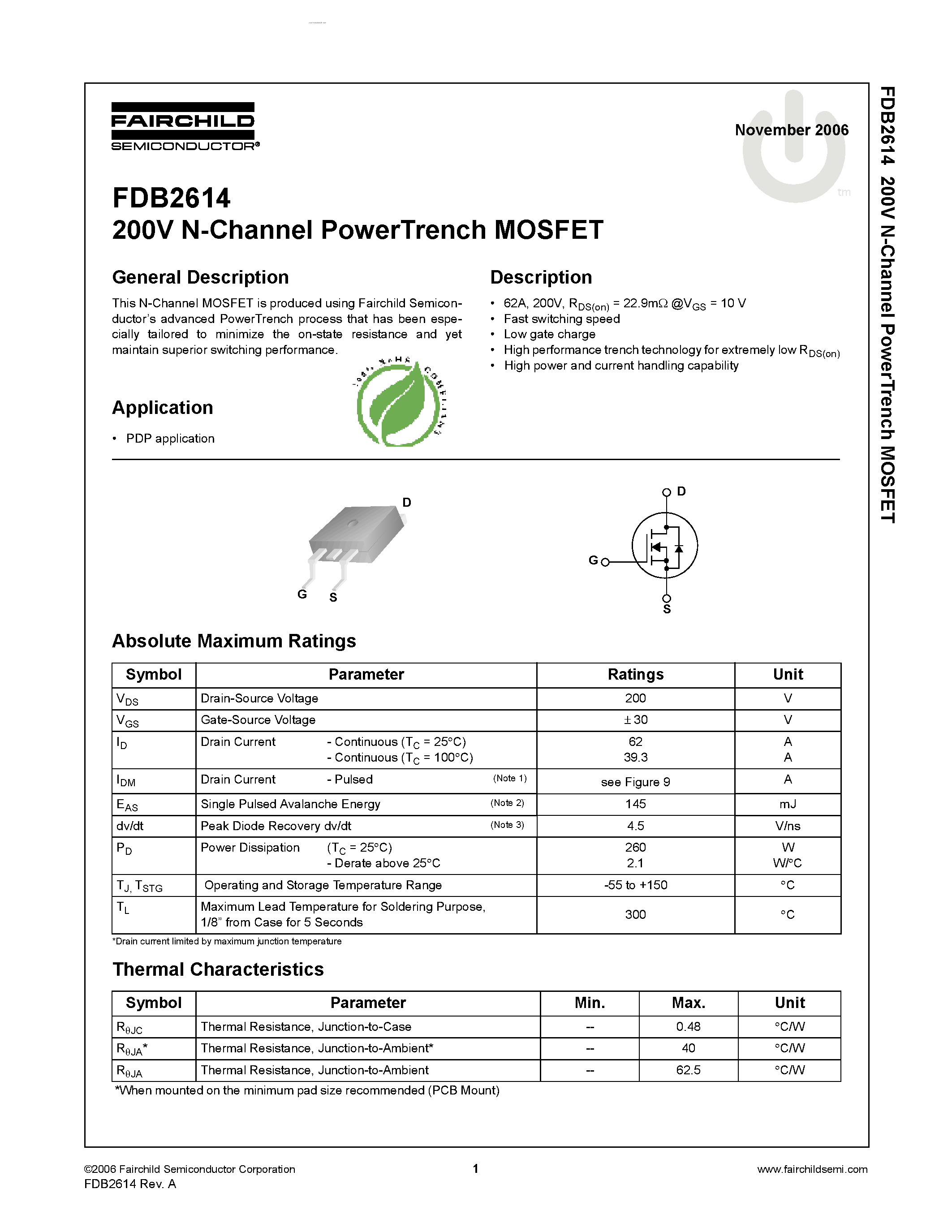 Datasheet FDB2614 - N-Channel PowerTrench MOSFET page 1