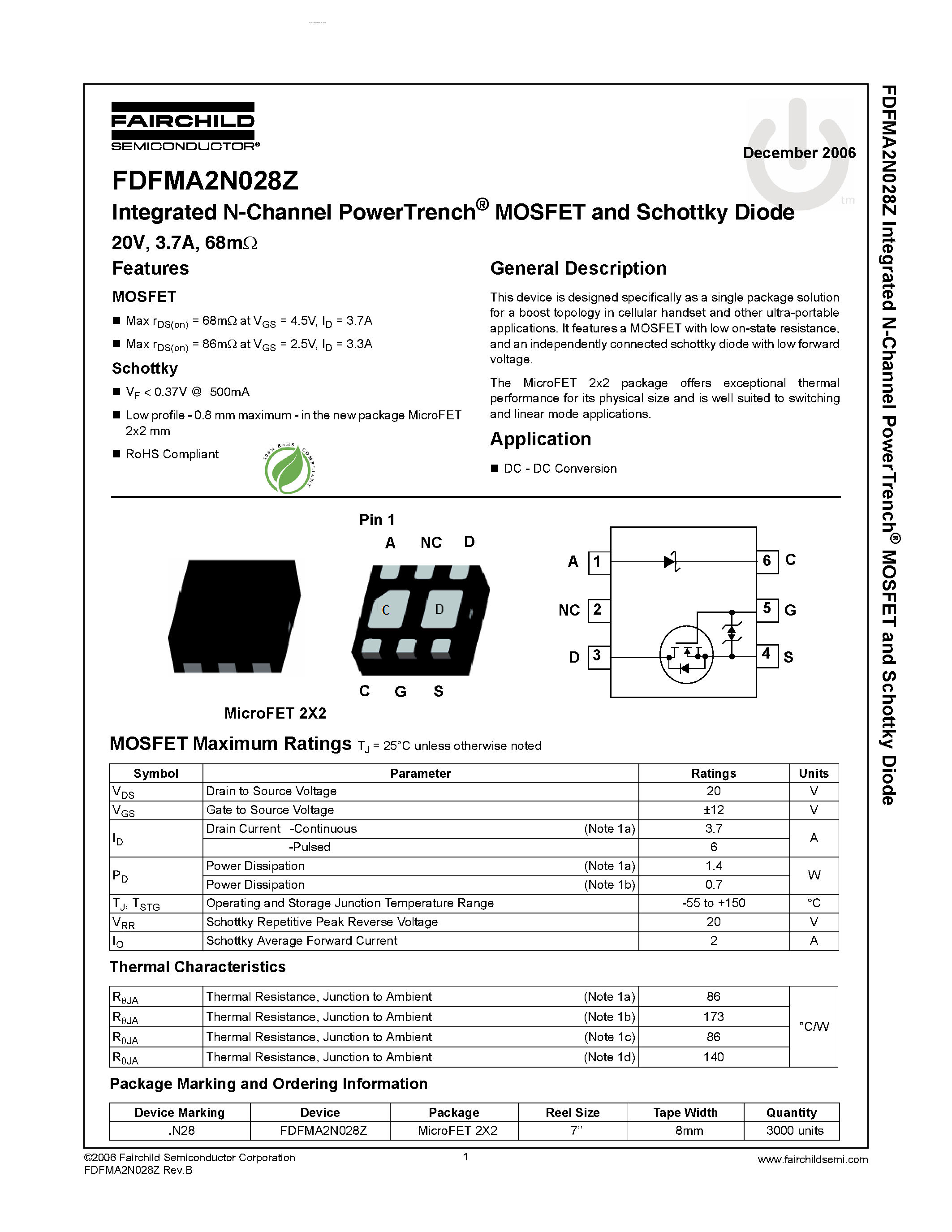 Даташит на микросхему FDFMA2N028Z страница 1 Даташит FDFMA2N028Z - Integrated N-Channel PowerTrench MOSFET and Schottky Diode страница 1