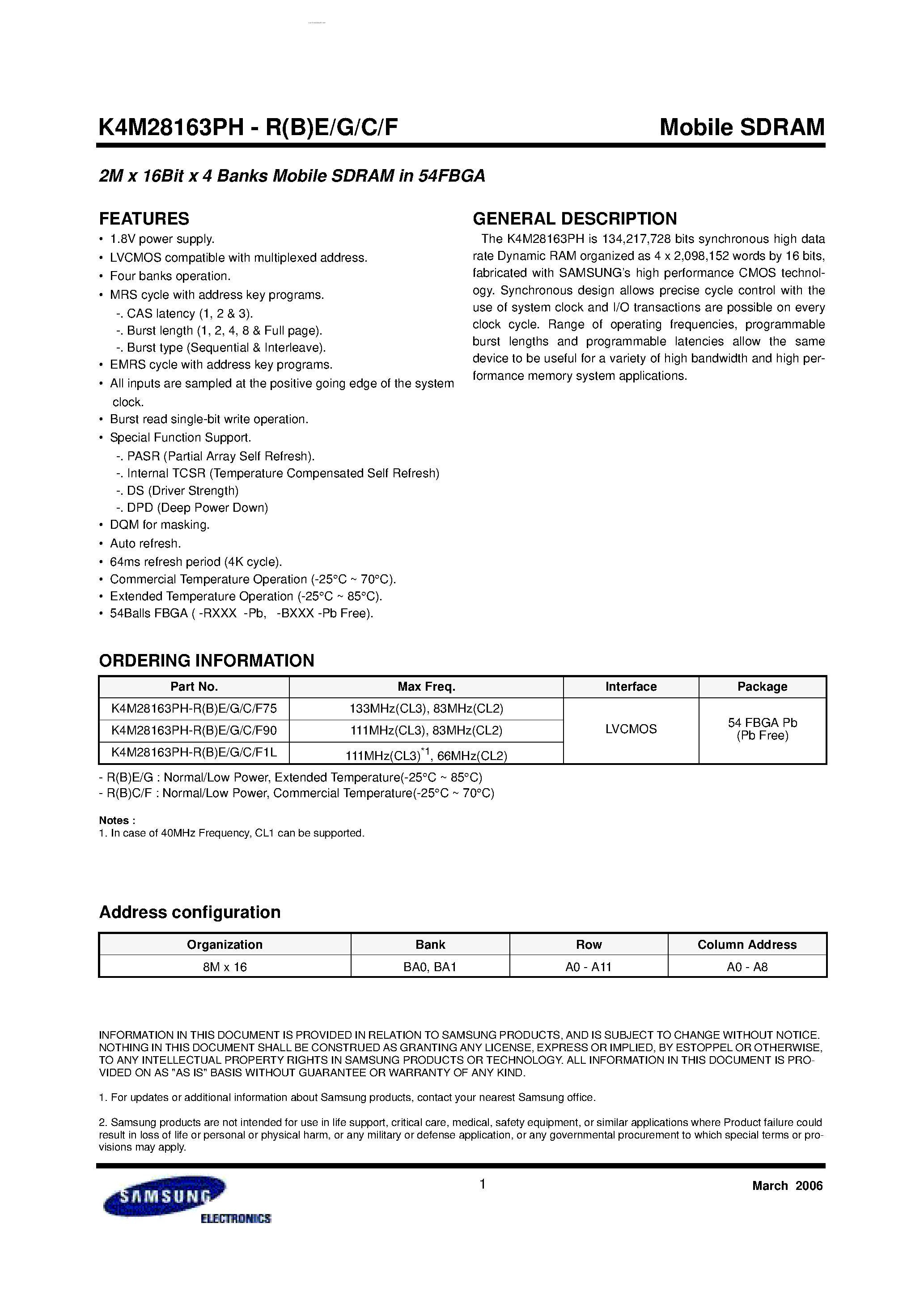 Datasheet K4M28163PH - 2M x 16Bit x 4 Banks Mobile SDRAM page 1