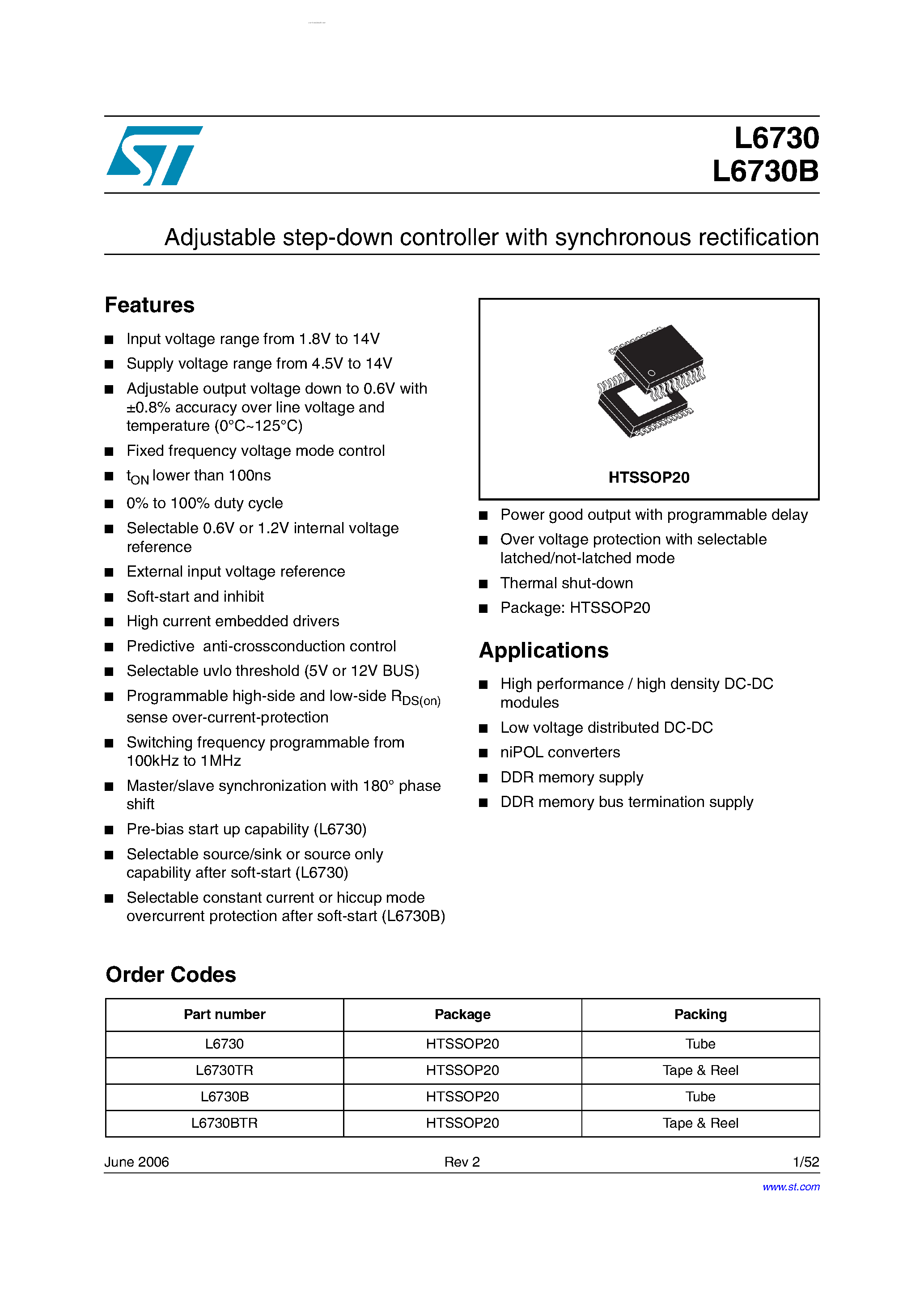 Даташит на микросхему L6730 страница 1 Даташит L6730 - (L6730 / L6730B) Adjustable step-down controller страница 1