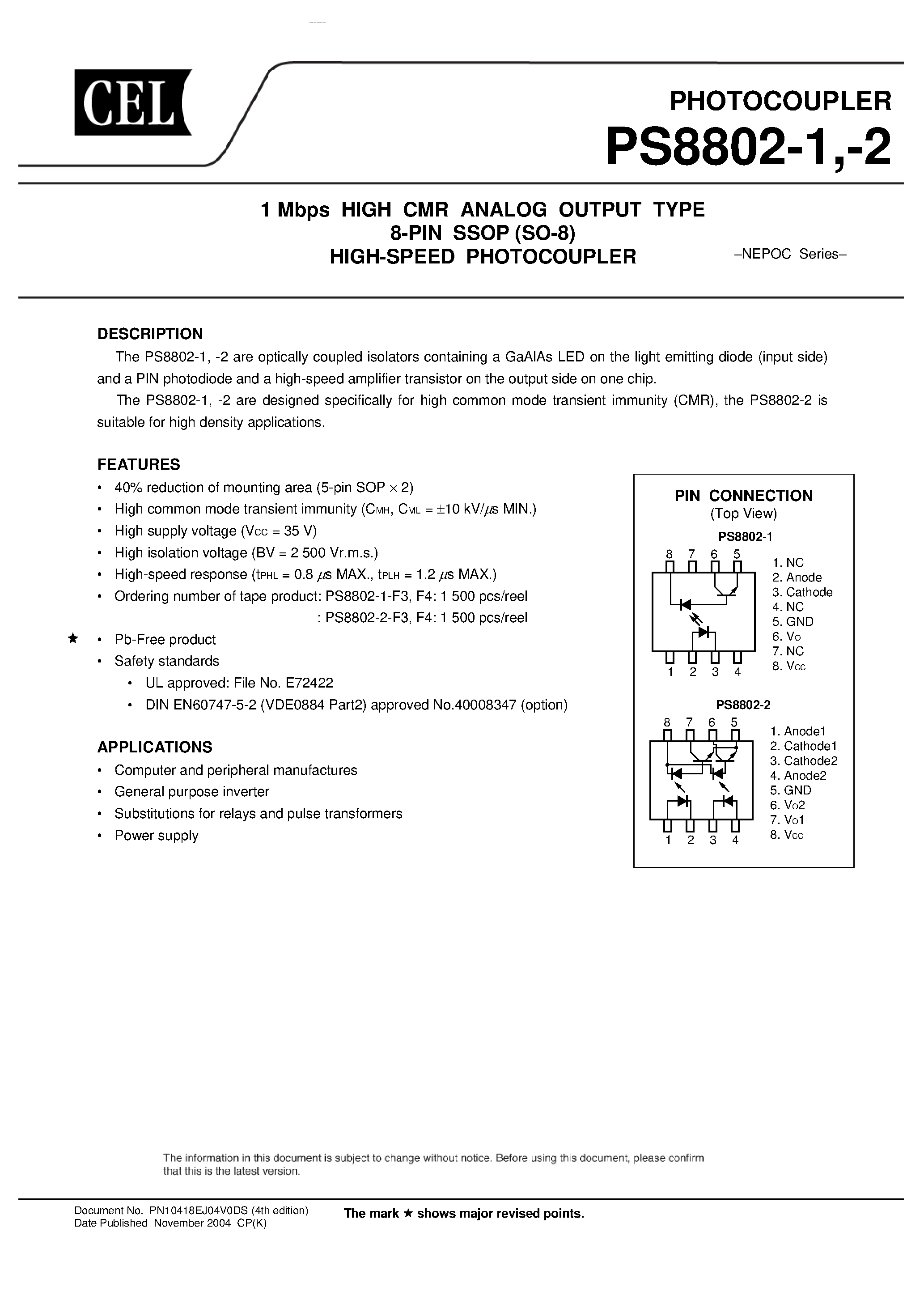 Datasheet PS8802-1 - (PS8802-1/-2) 1 Mbps HIGH CMR ANALOG OUTPUT TYPE 8-PIN SOP HIGH-SPEED PHOTOCOUPLER page 1
