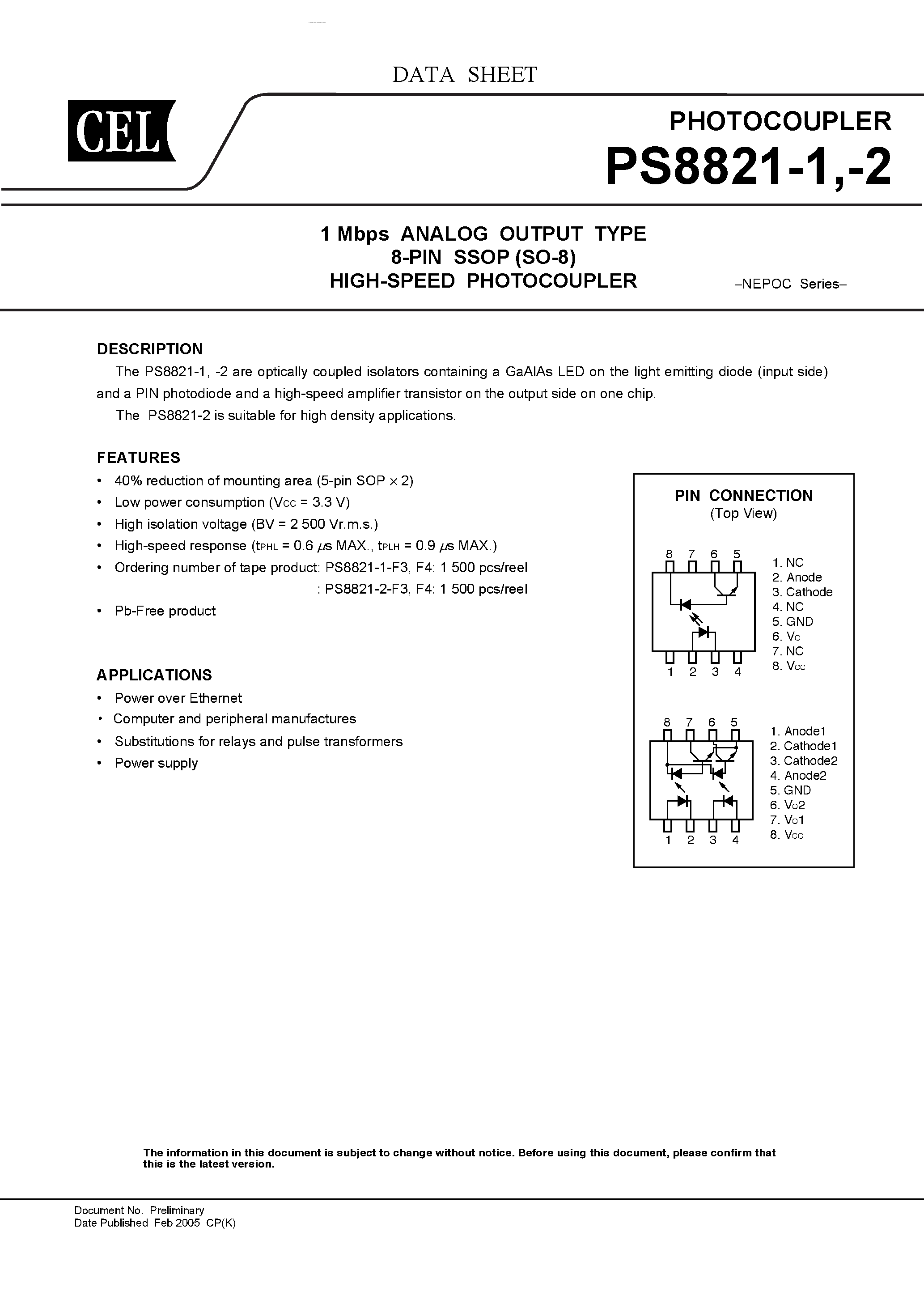 Datasheet PS8821-1 - (PS8821-1/-2) 1 Mbps ANALOG OUTPUT TYPE 8-PIN SSOP page 1