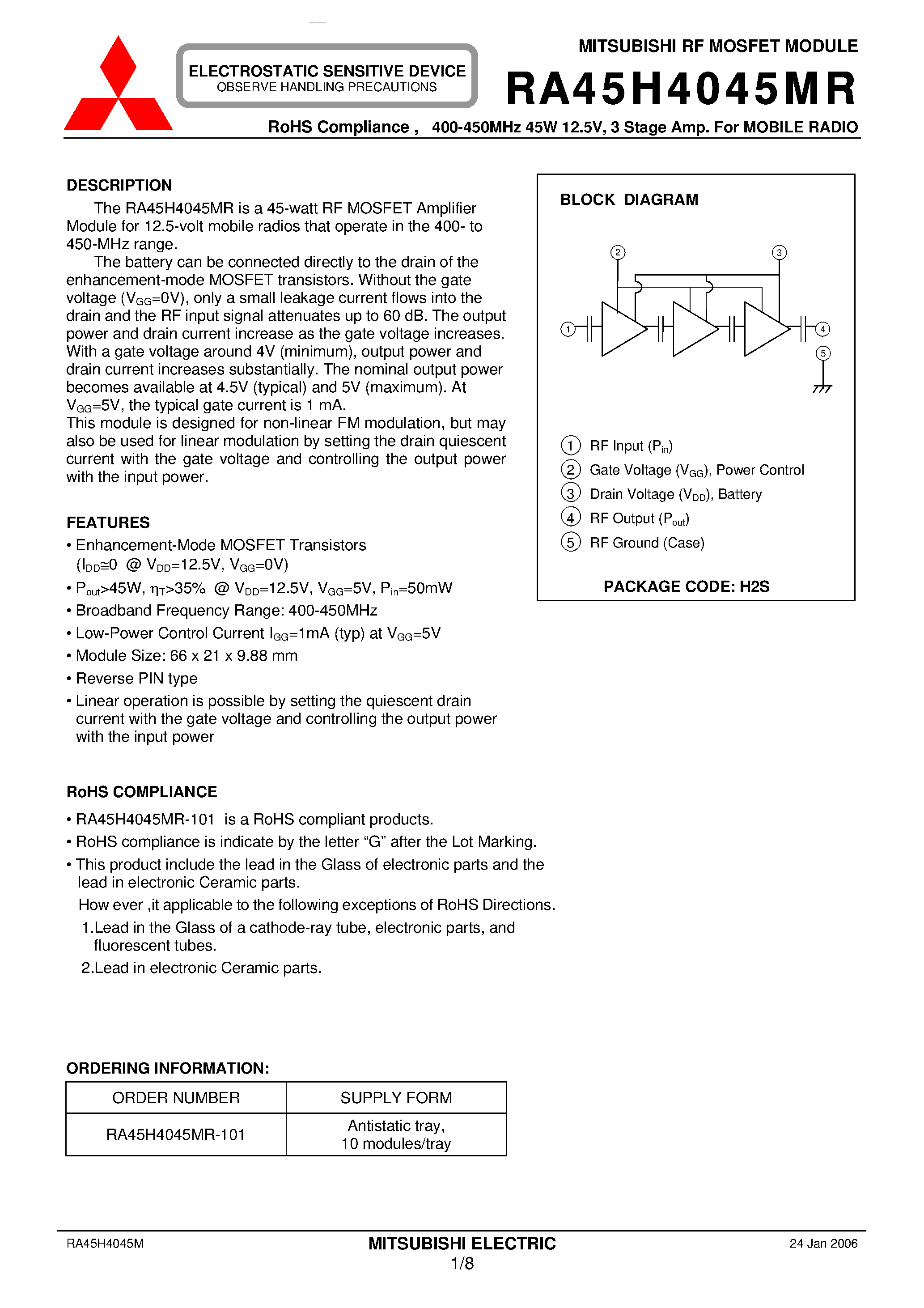 Datasheet RA45H4045MR - 3 Stage Amp page 1