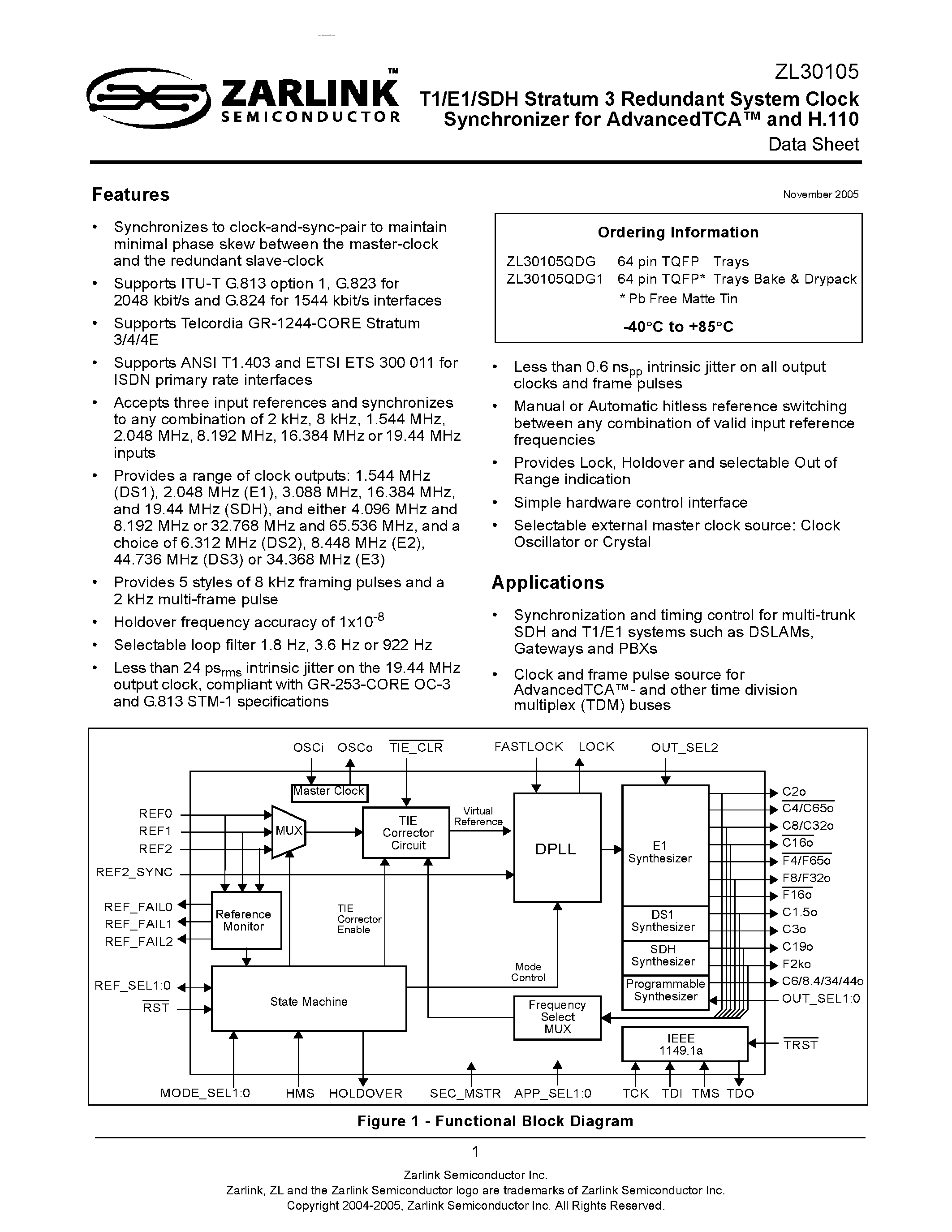 Datasheet ZL30105 - T1/E1/SDH Stratum 3 Redundant System Clock Synchronizer page 1