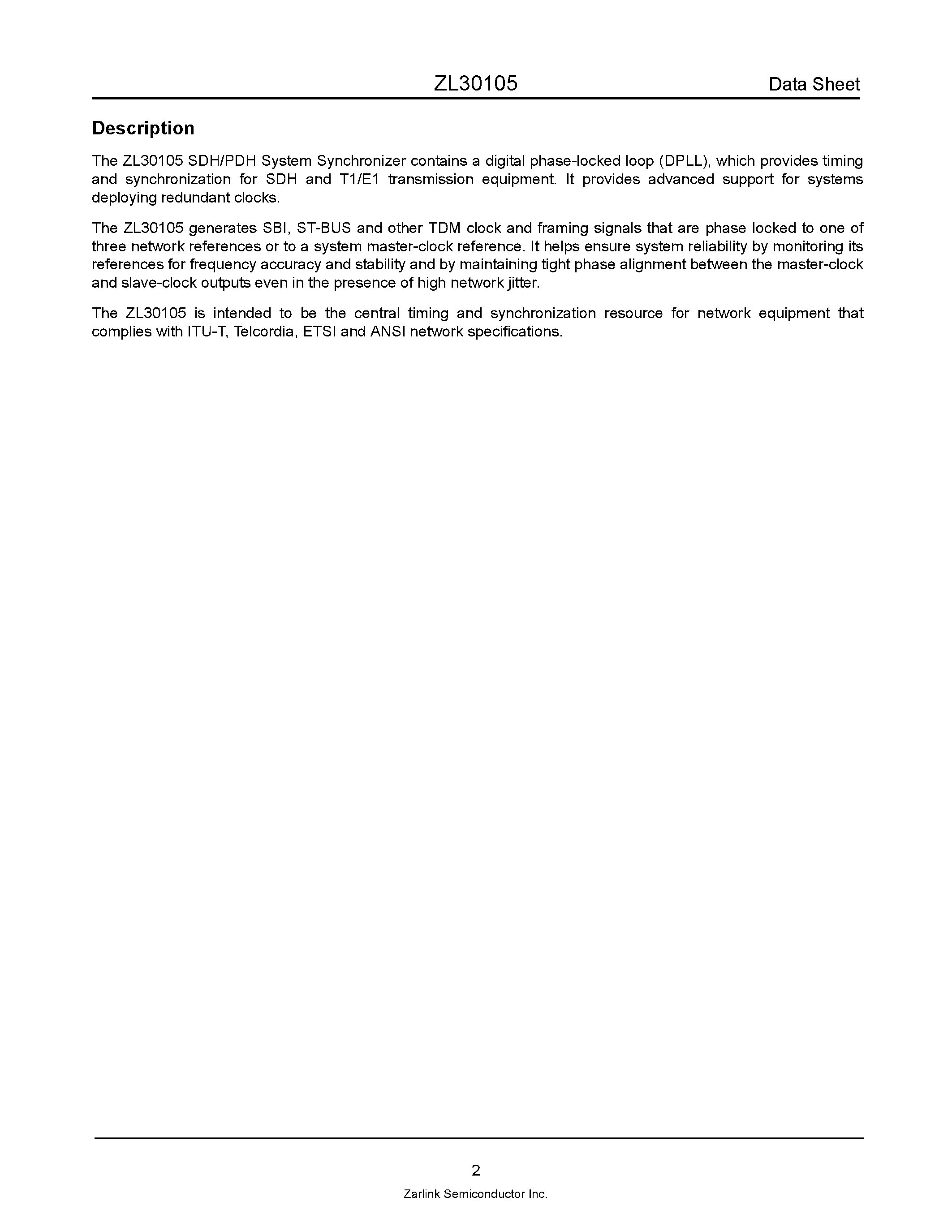Datasheet ZL30105 - T1/E1/SDH Stratum 3 Redundant System Clock Synchronizer page 2