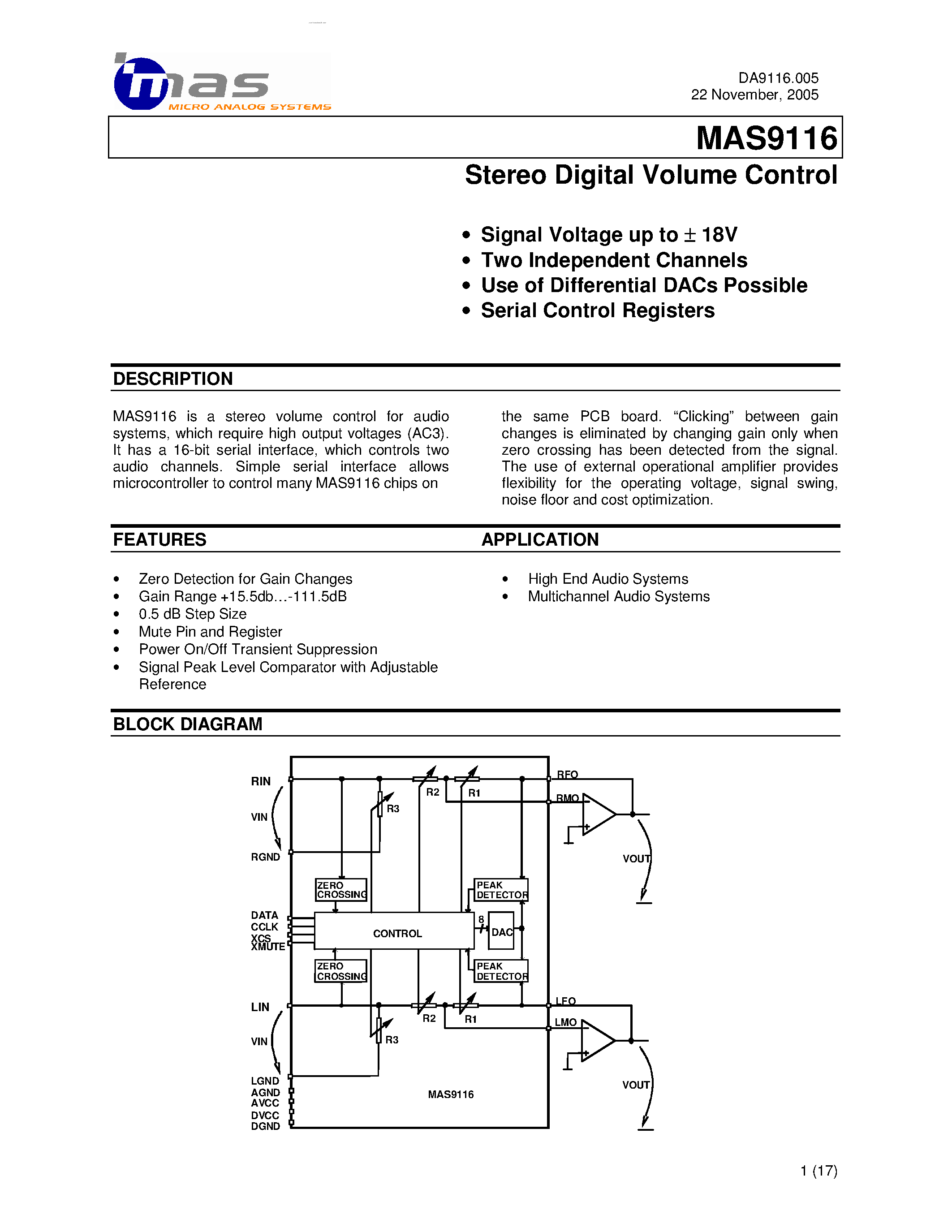 Даташит MAS9116 - Stereo Digital Volume Control страница 1