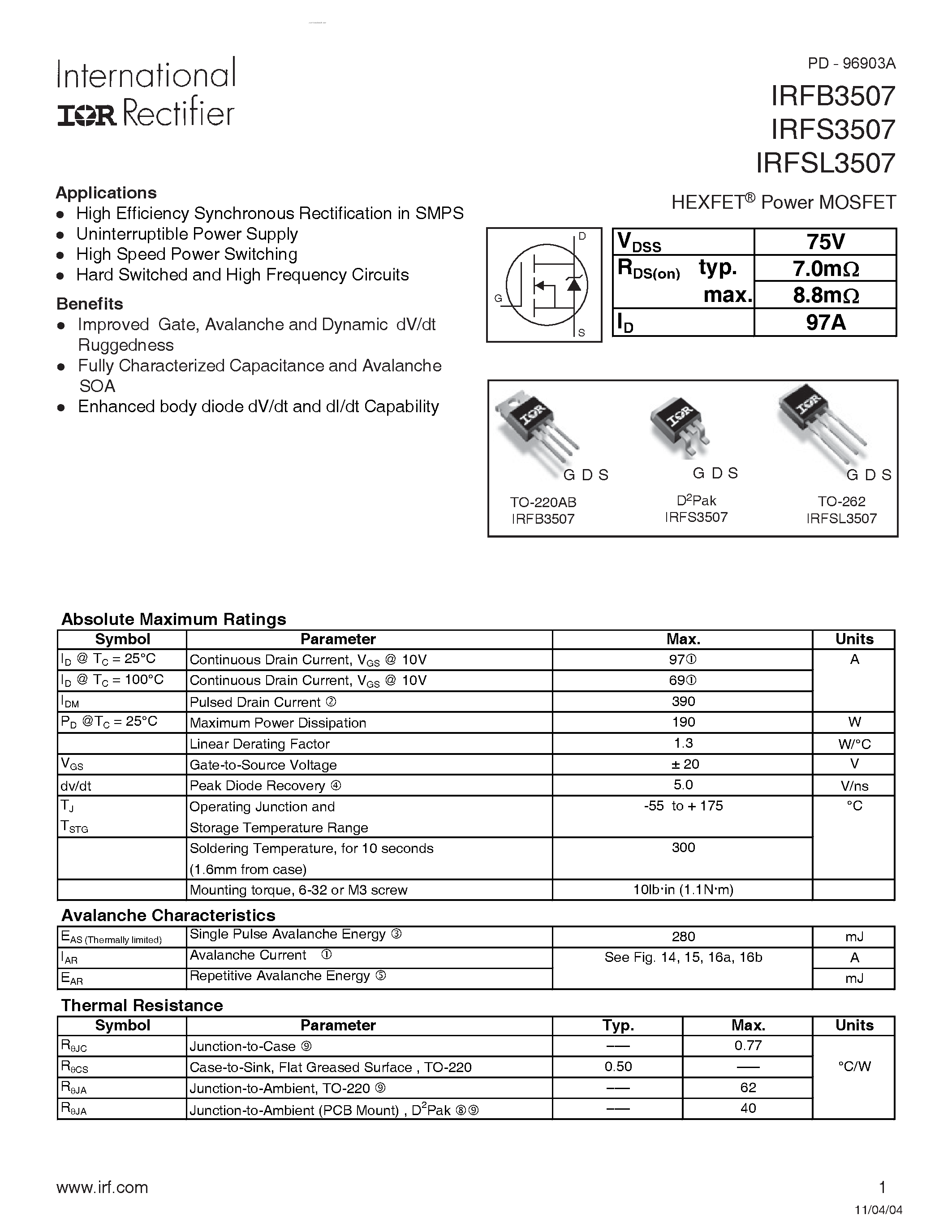 Datasheet IRFB3507 - (IRFx3507) HEXFET Power MOSFET page 1