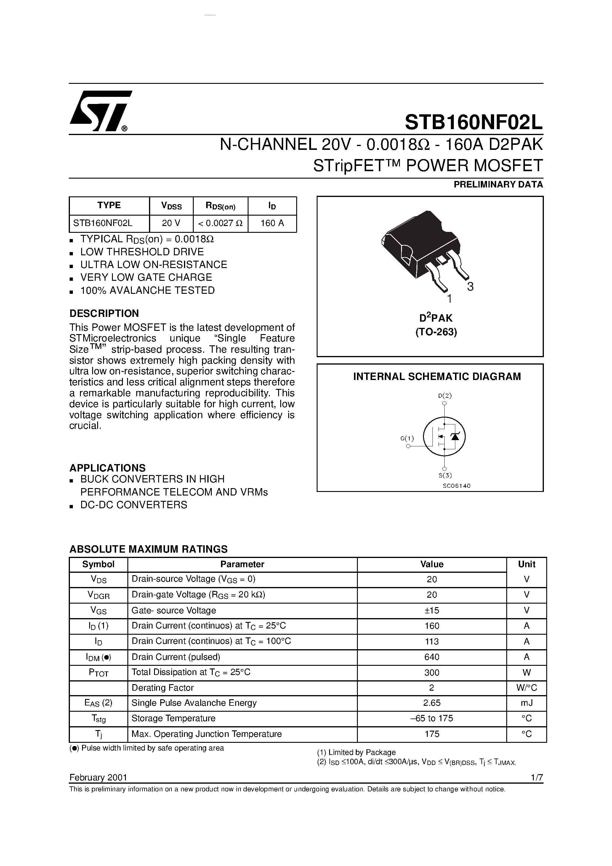 Datasheet STB160NF02L - N-CHANNEL POWER MOSFET page 1