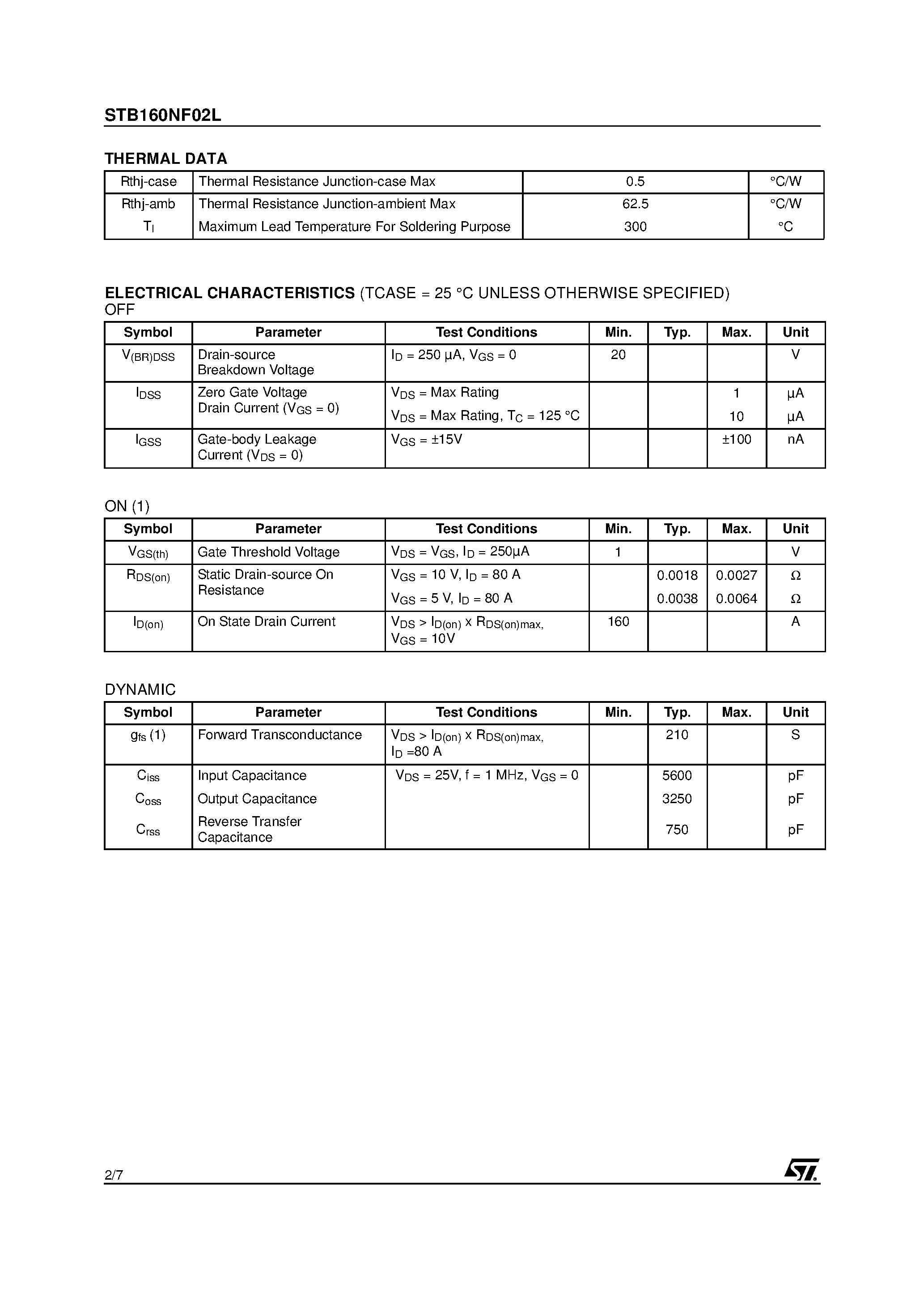 Datasheet STB160NF02L - N-CHANNEL POWER MOSFET page 2