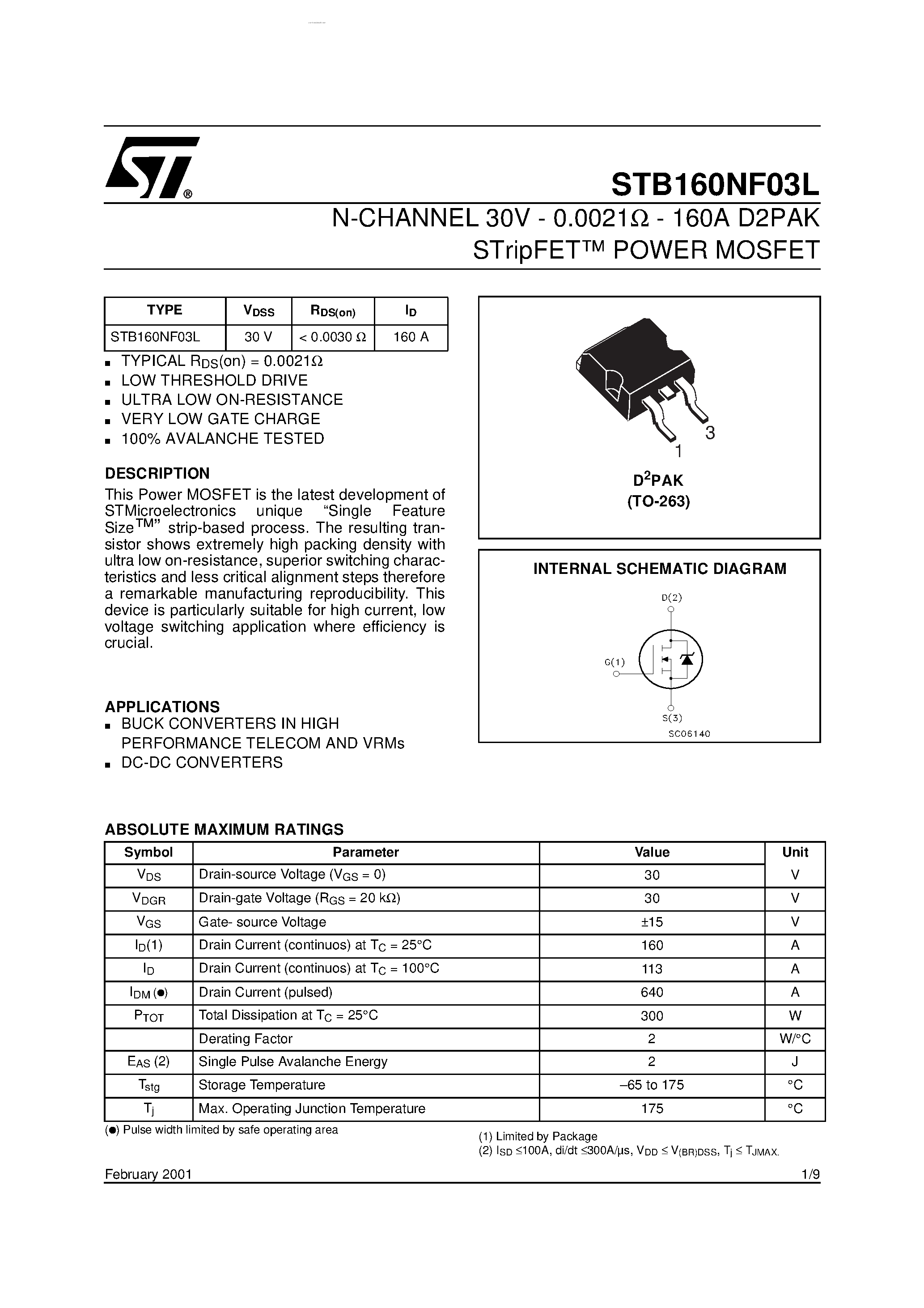 Datasheet STB160NF03L - N-CHANNEL POWER MOSFET page 1
