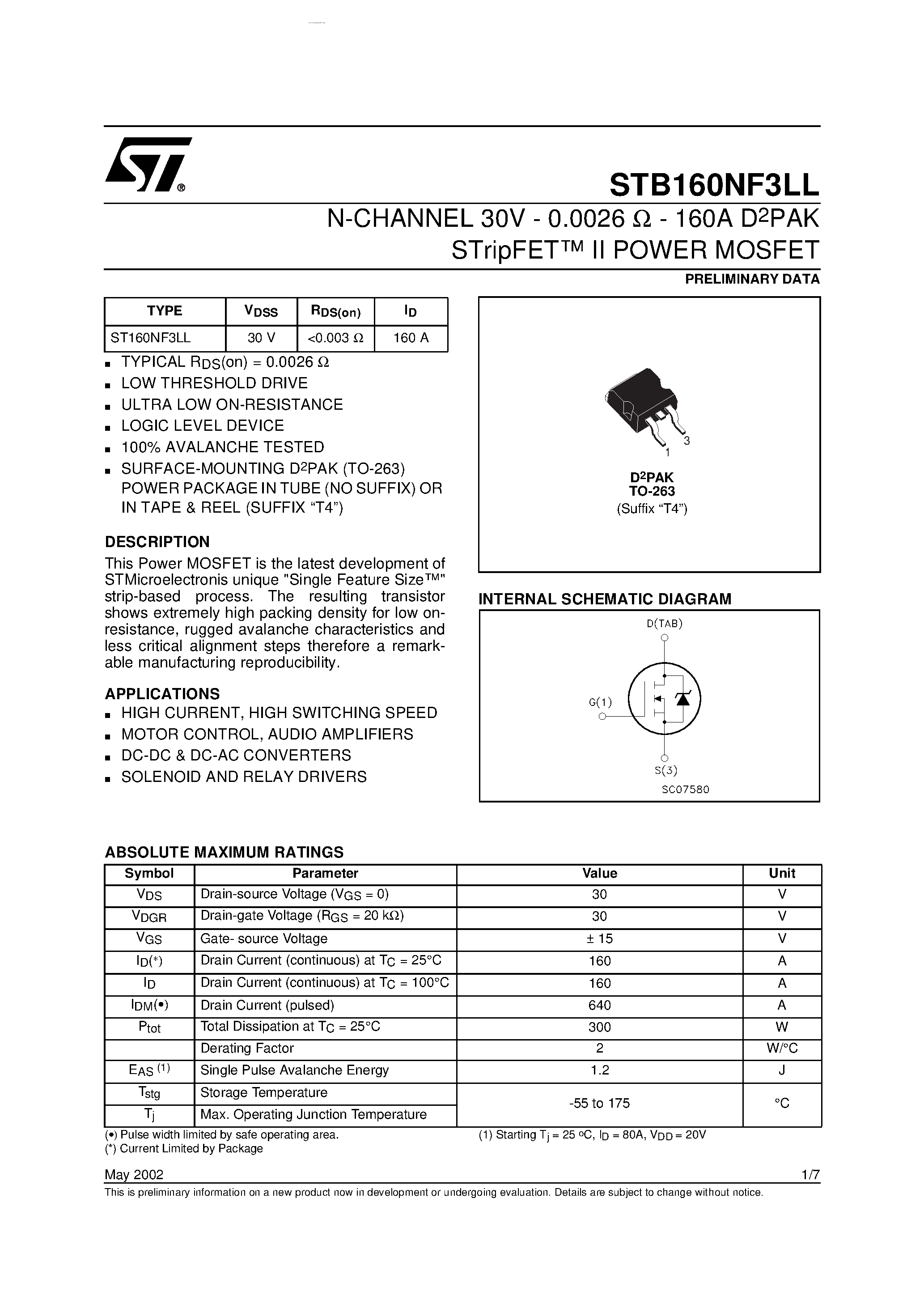 Datasheet STB160NF3LL - N-CHANNEL POWER MOSFET page 1