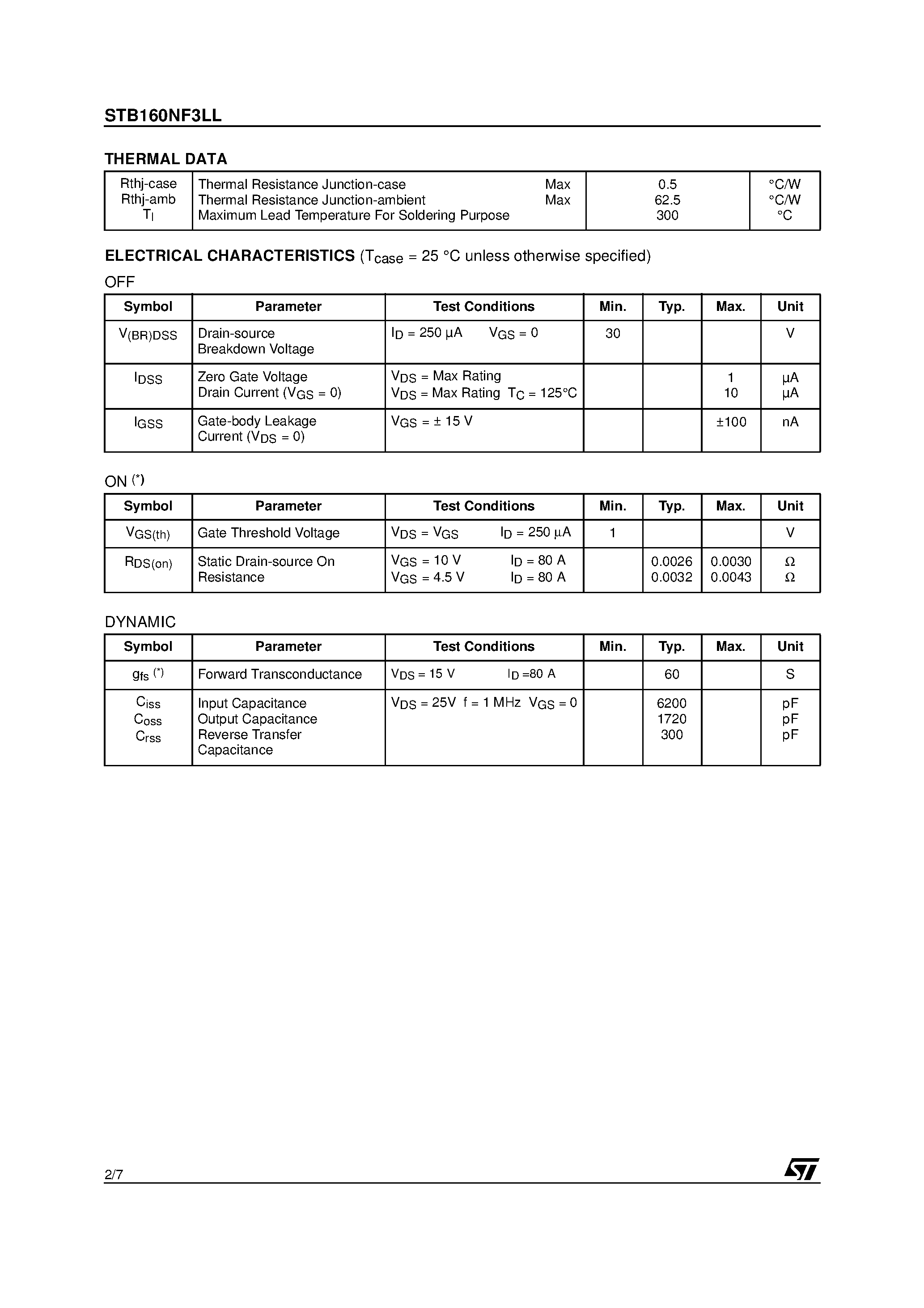 Datasheet STB160NF3LL - N-CHANNEL POWER MOSFET page 2