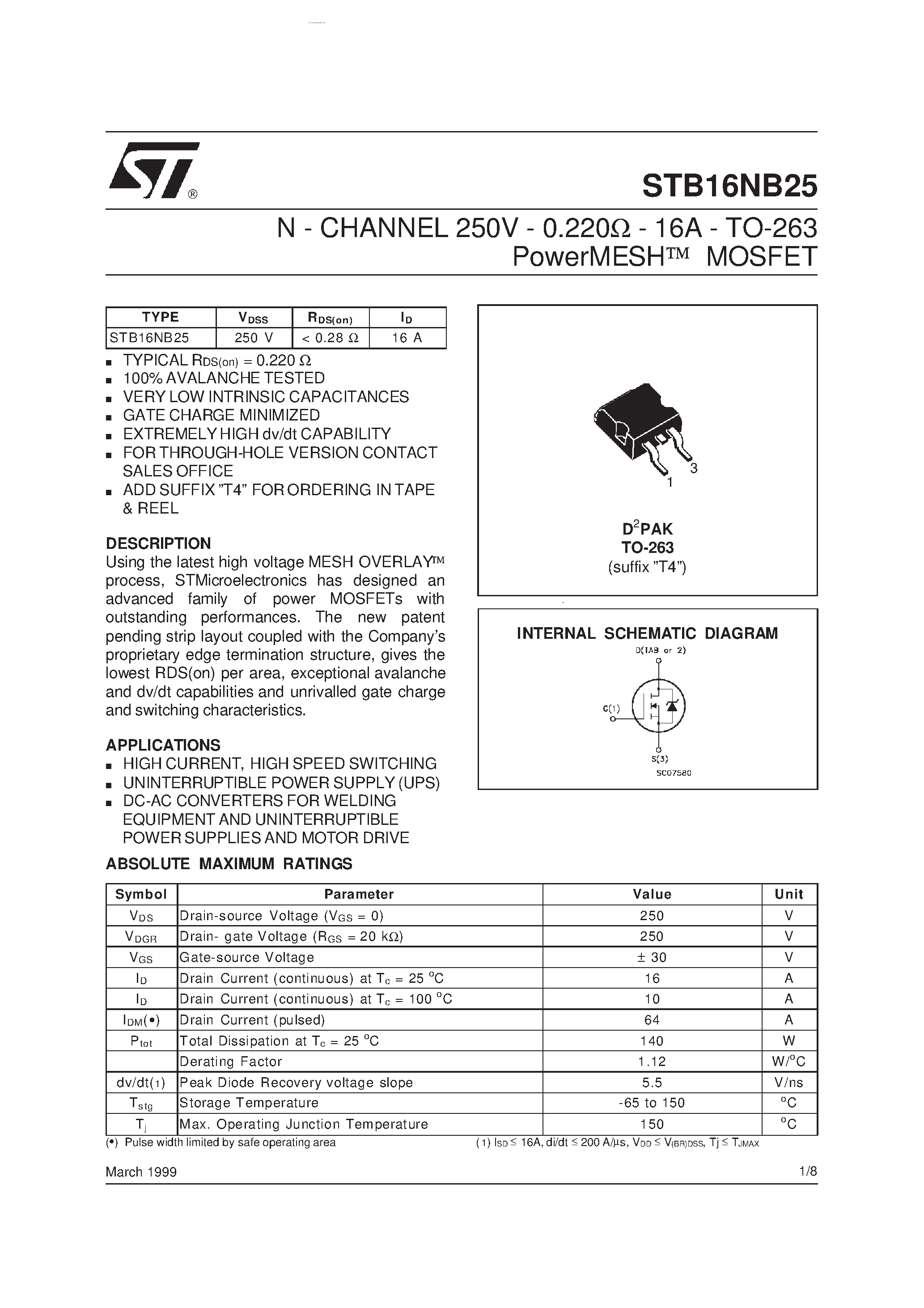 Datasheet STB16NB25 - N-CHANNEL MOSFET page 1
