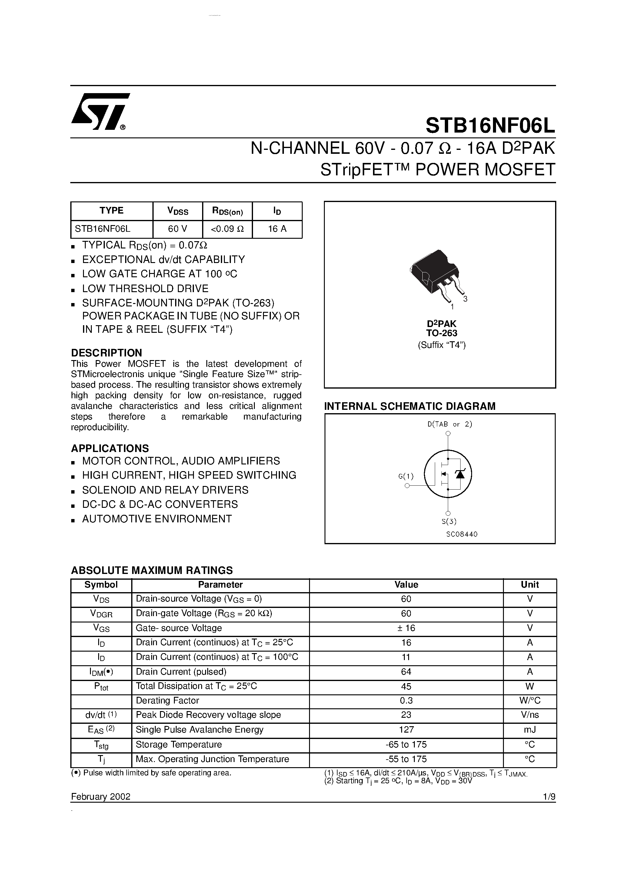 Datasheet STB16NF06L - N-CHANNEL MOSFET page 1