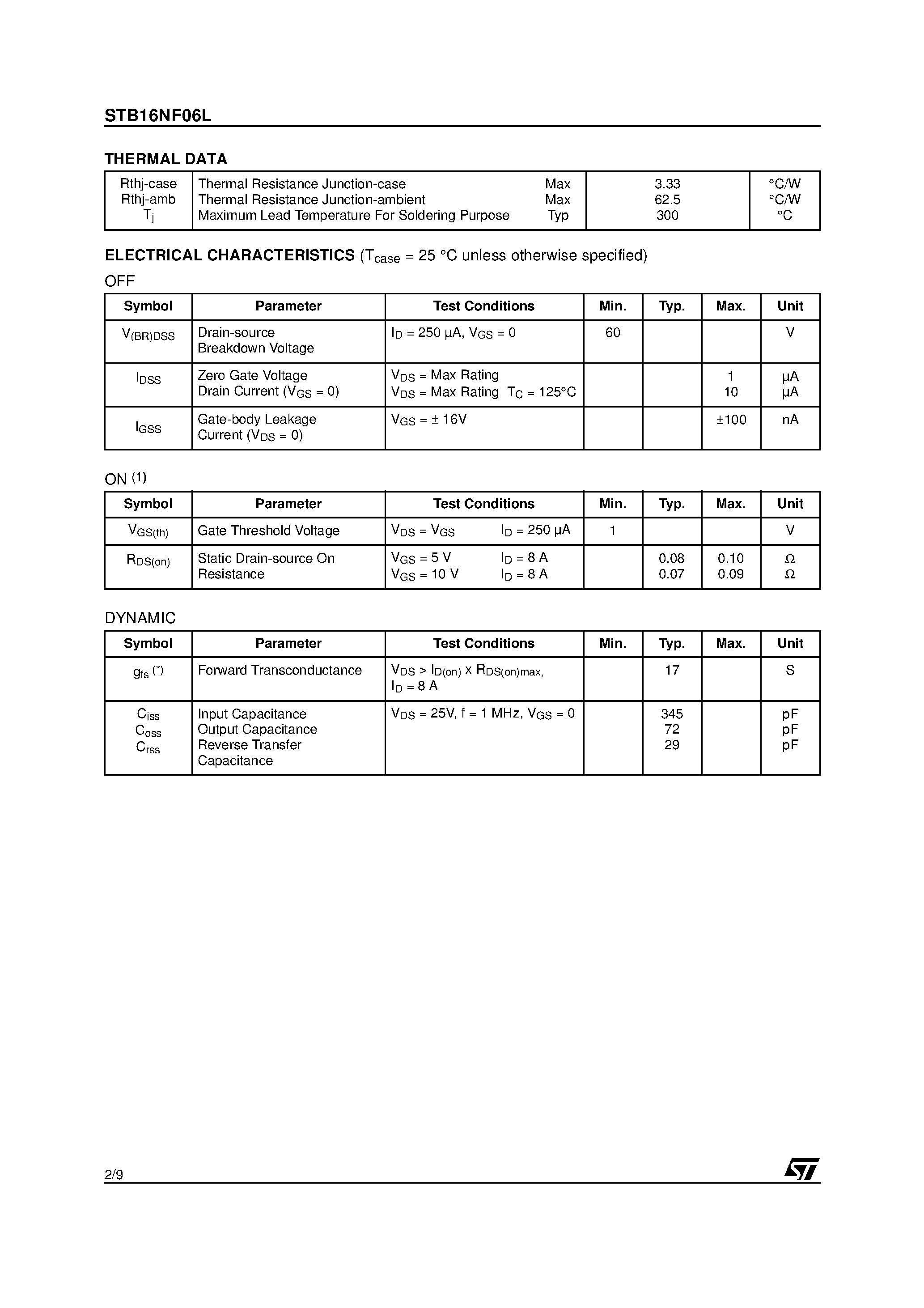 Datasheet STB16NF06L - N-CHANNEL MOSFET page 2
