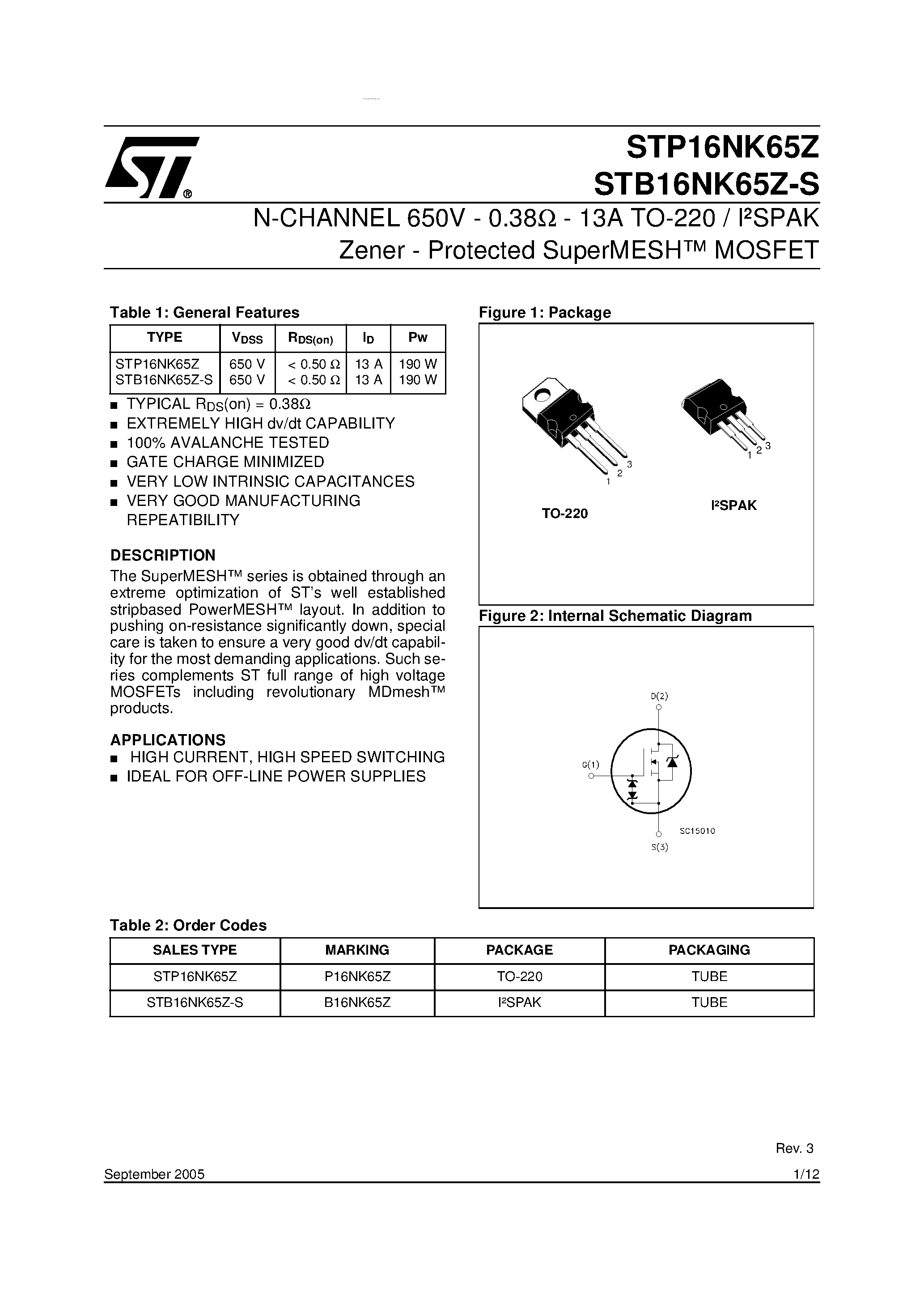 Datasheet STB16NK65Z-S - N-CHANNEL MOSFET page 1