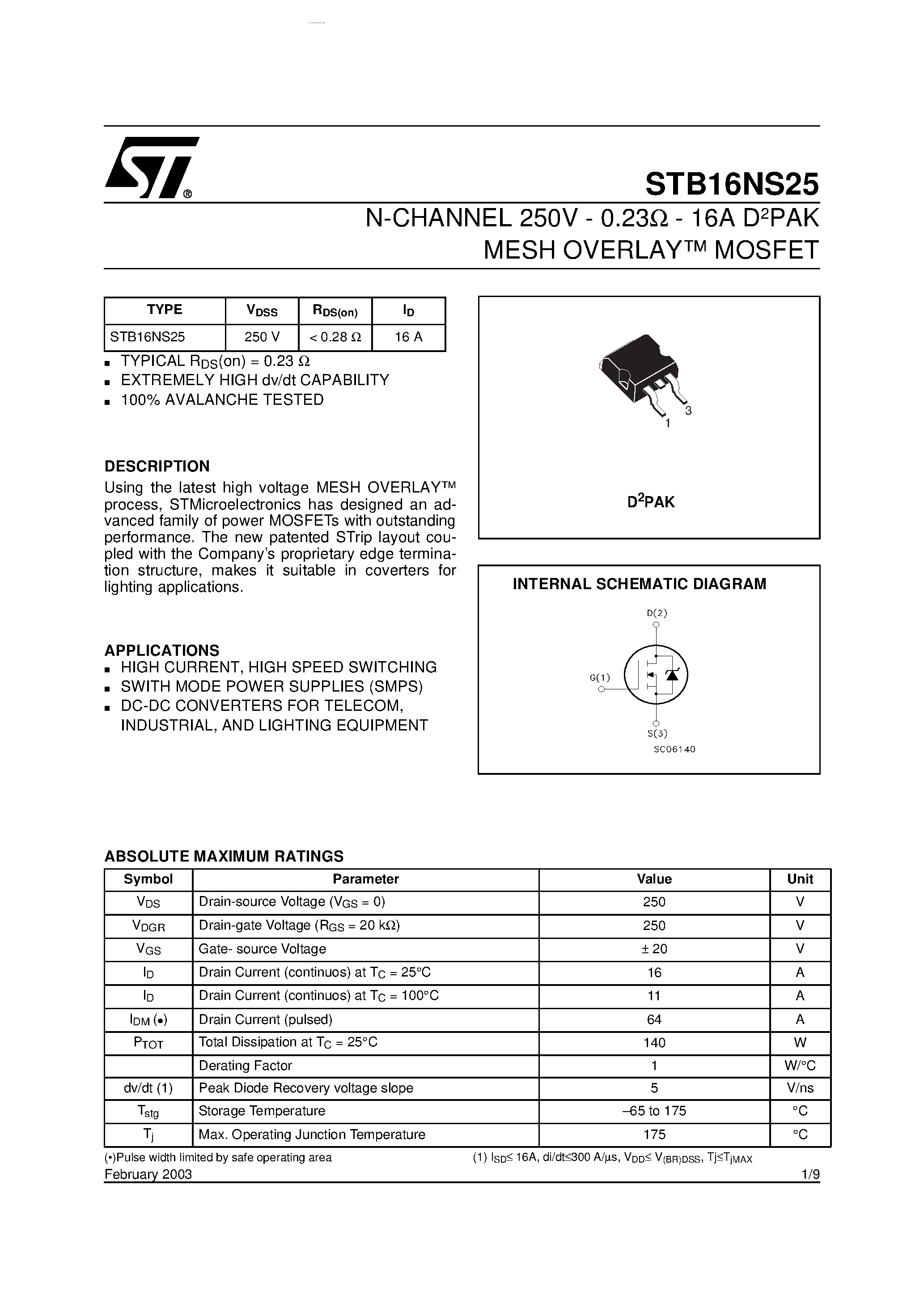 Datasheet STB16NS25 - N-CHANNEL MOSFET page 1