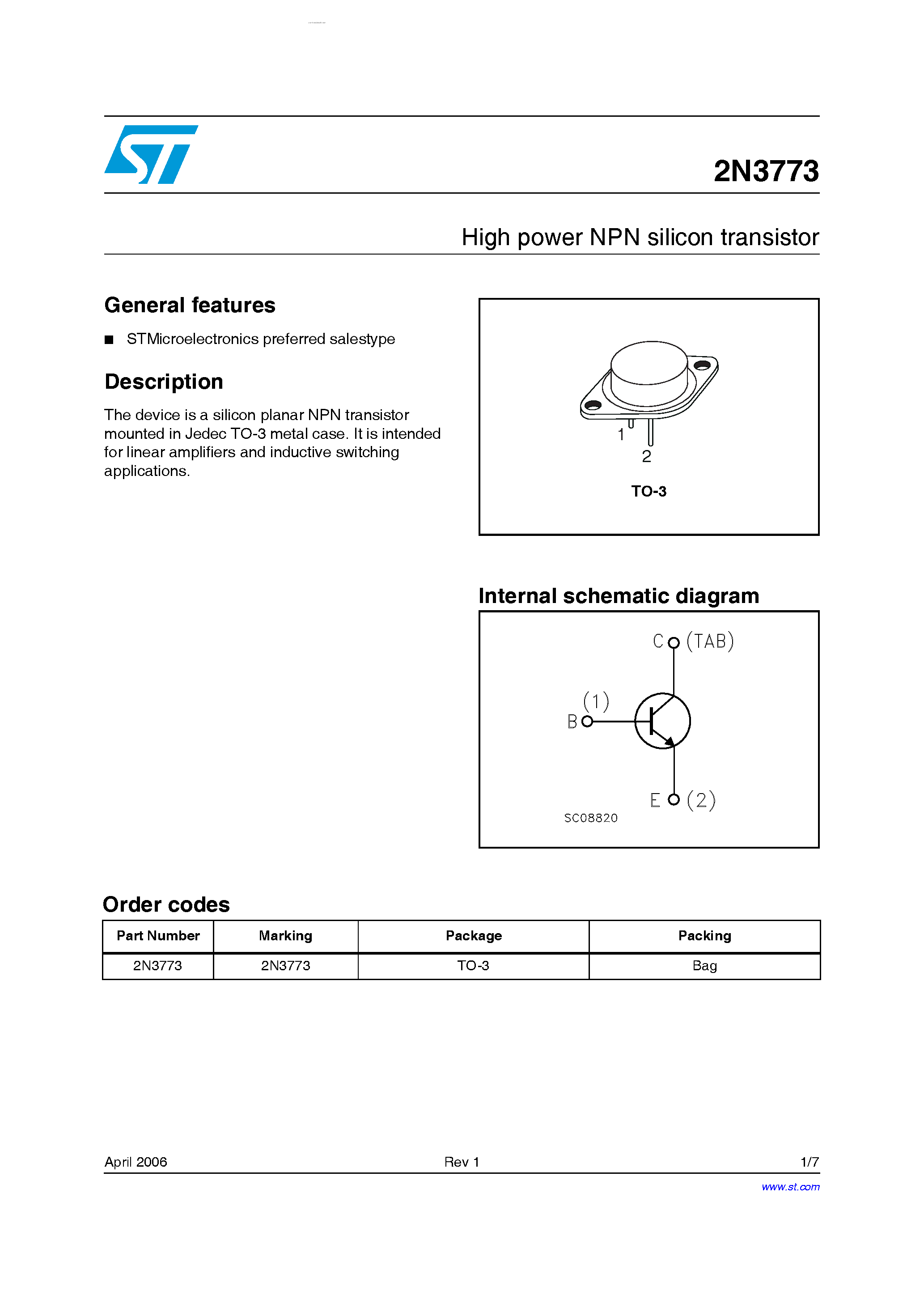 Даташит на микросхему 2N3773 страница 1 Даташит 2N3773 - High power NPN silicon transistor страница 1