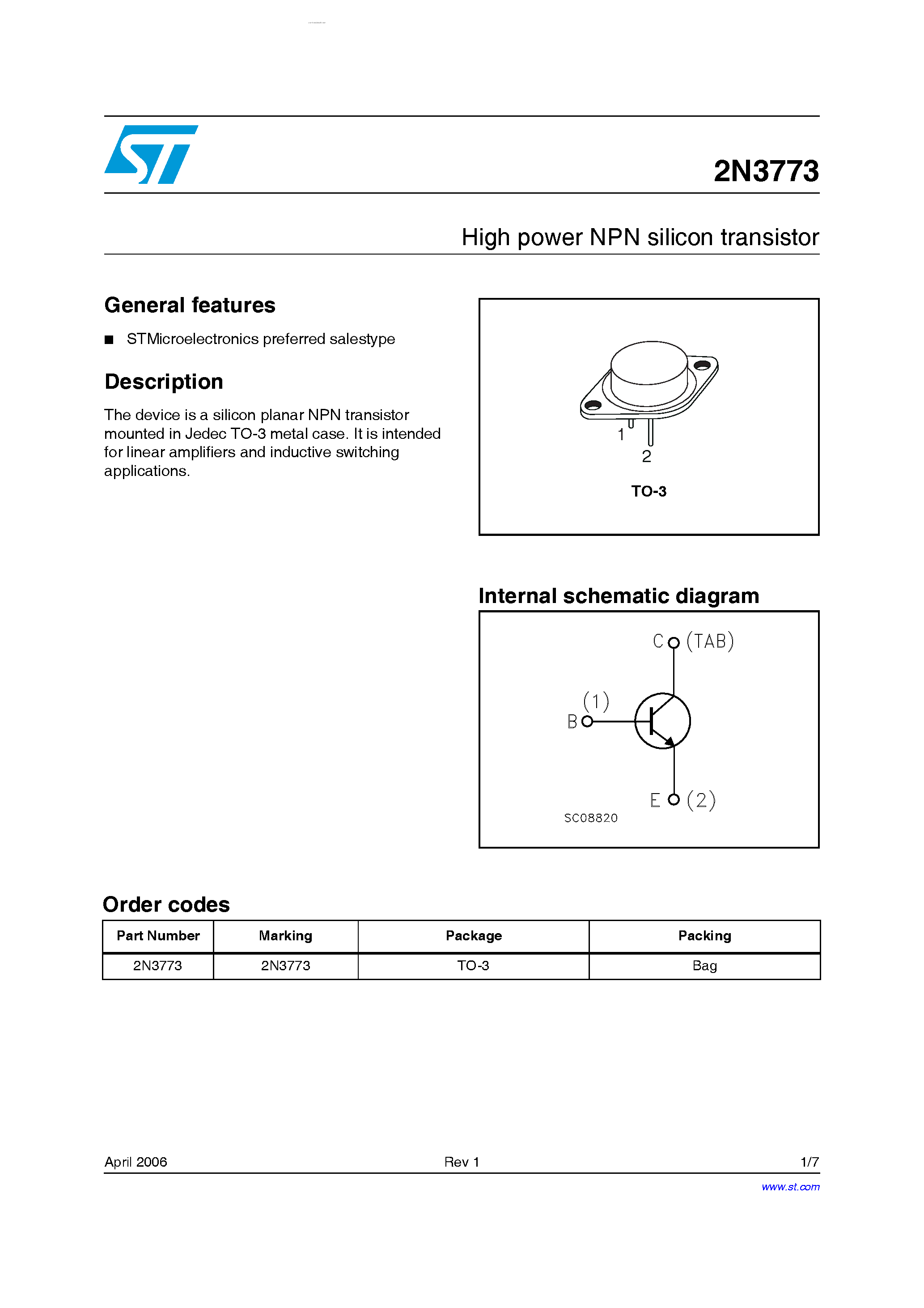 Datasheet 2N3773 - High power NPN silicon transistor page 1