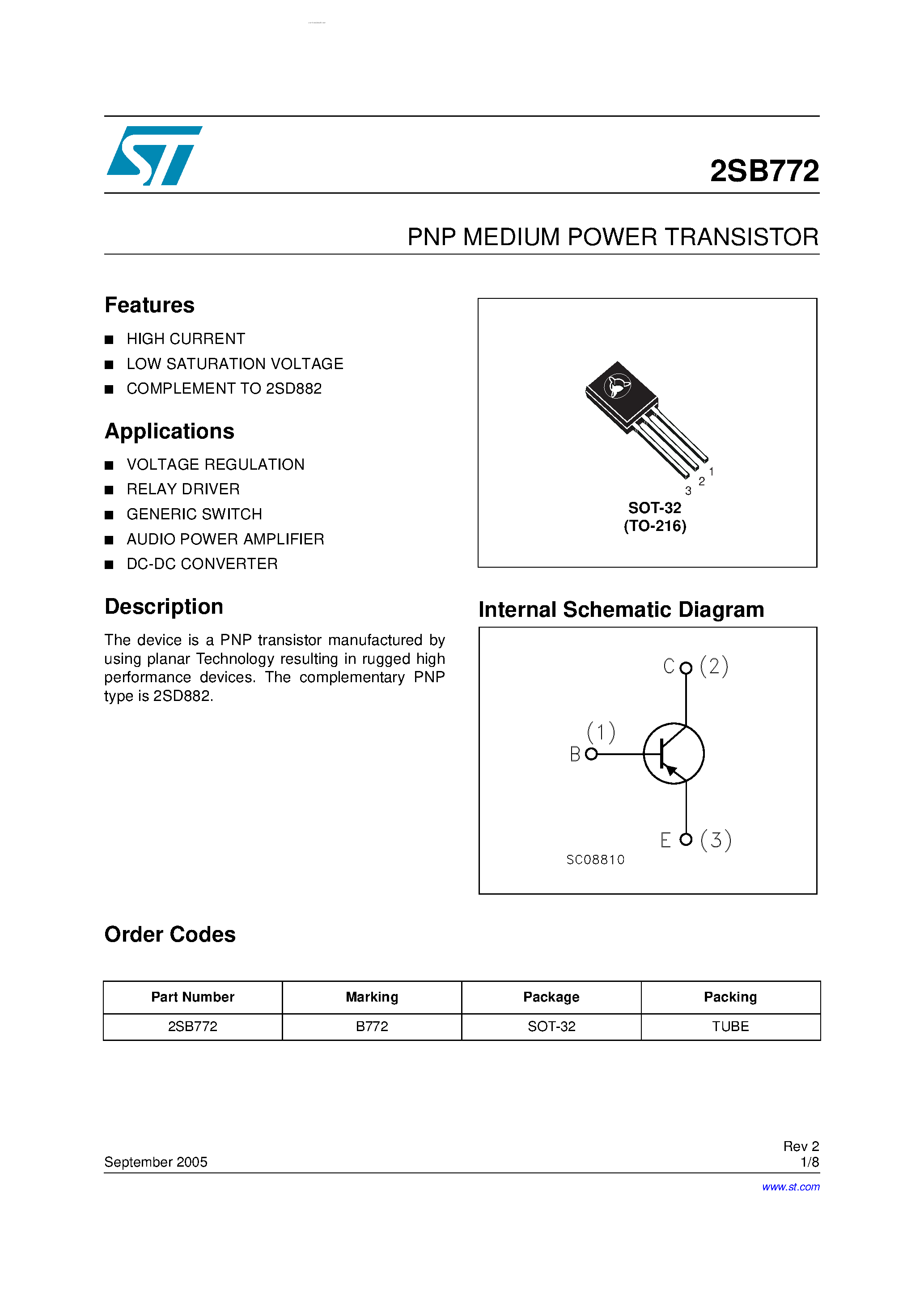 Даташит 2SB772 - PNP MEDIUM POWER TRANSISTOR страница 1