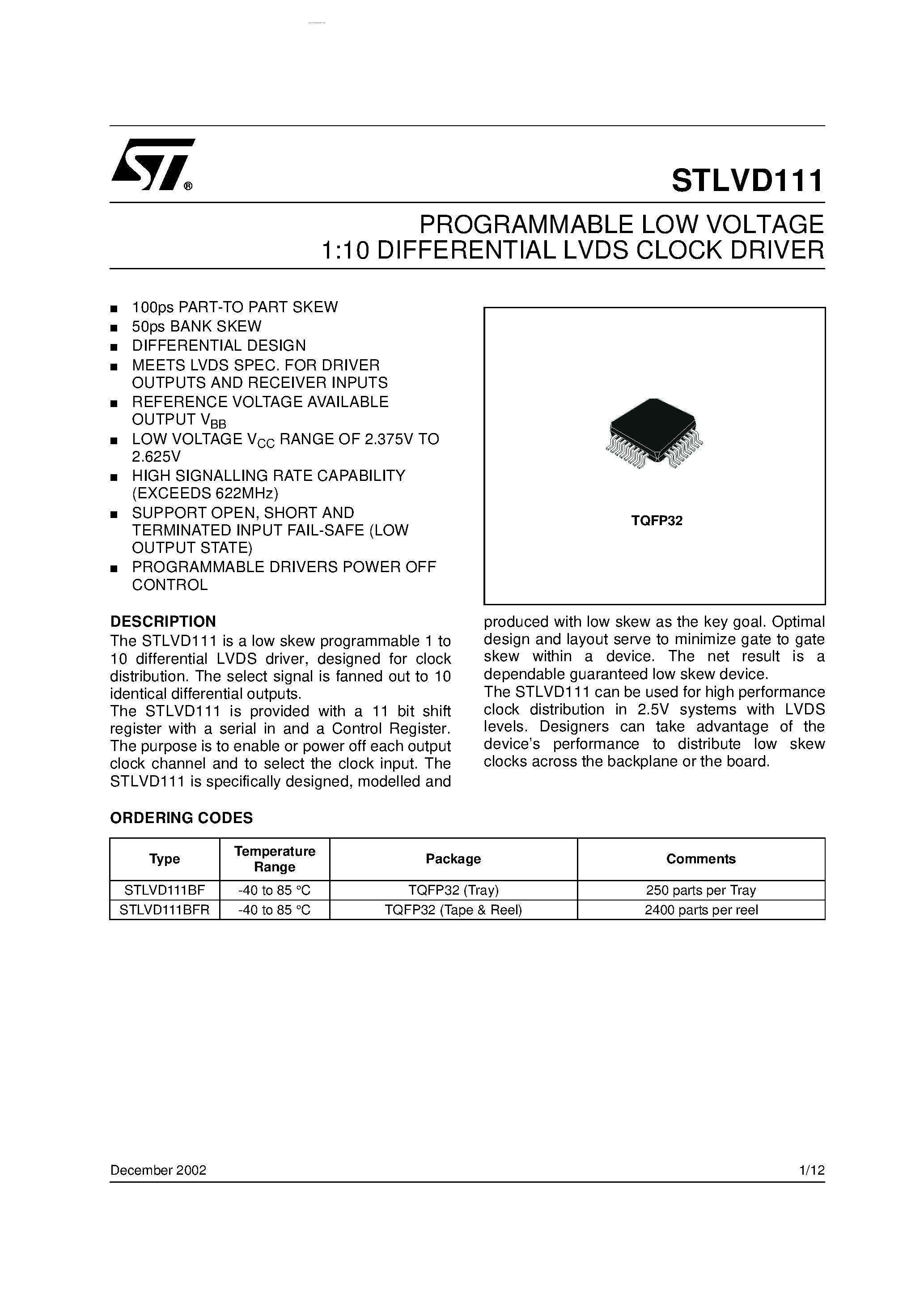Datasheet STLVD111 - PROGRAMMABLE LOW VOLTAGE 1:10 DIFFERENTIAL LVDS CLOCK DRIVER page 1