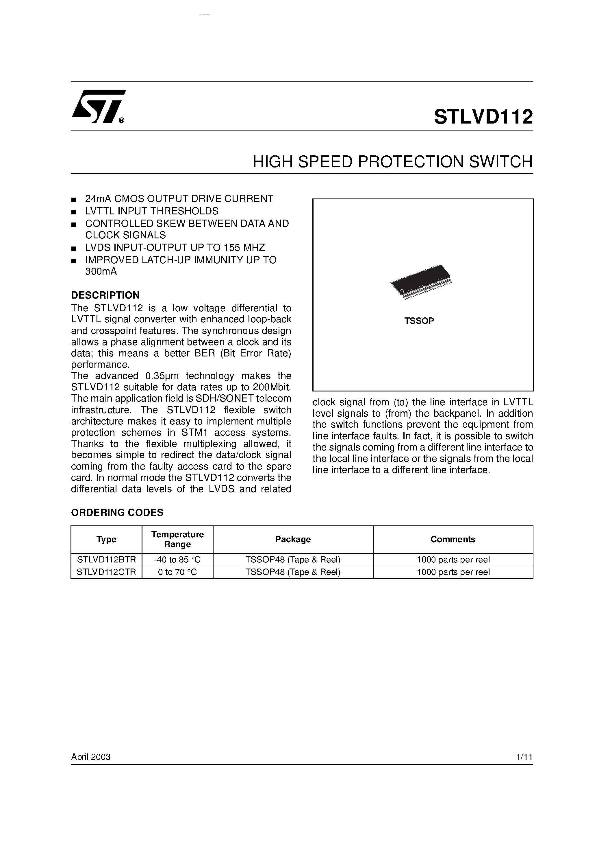 Datasheet STLVD112 page 1 Datasheet STLVD112 - HIGH SPEED PROTECTION SWITCH page 1