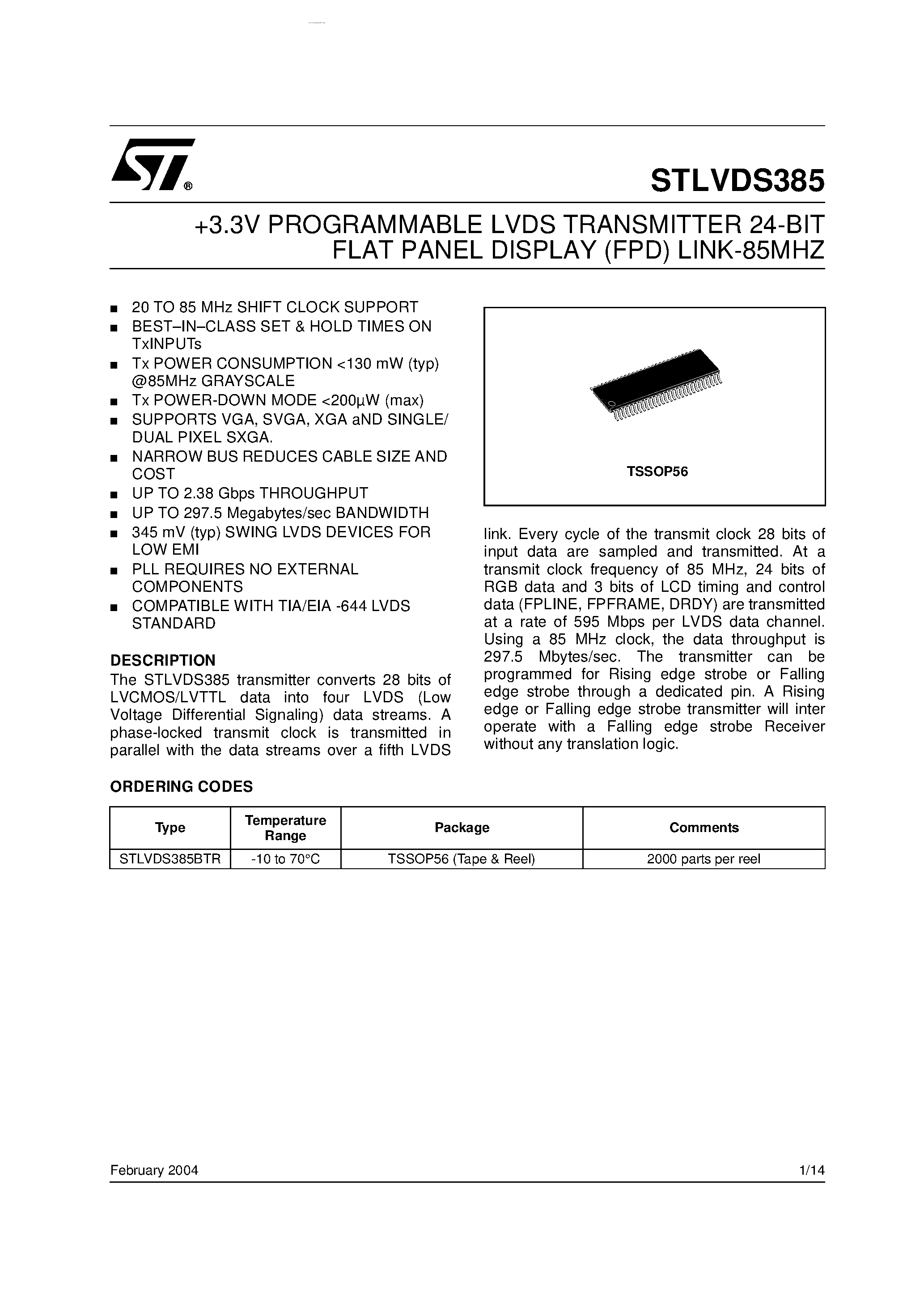 Datasheet STLVDS385 - 3.3V PROGRAMMABLE LVDS TRANSMITTER 24-BIT FLAT PANEL DISPLAY (FPD) LINK-85MHZ page 1