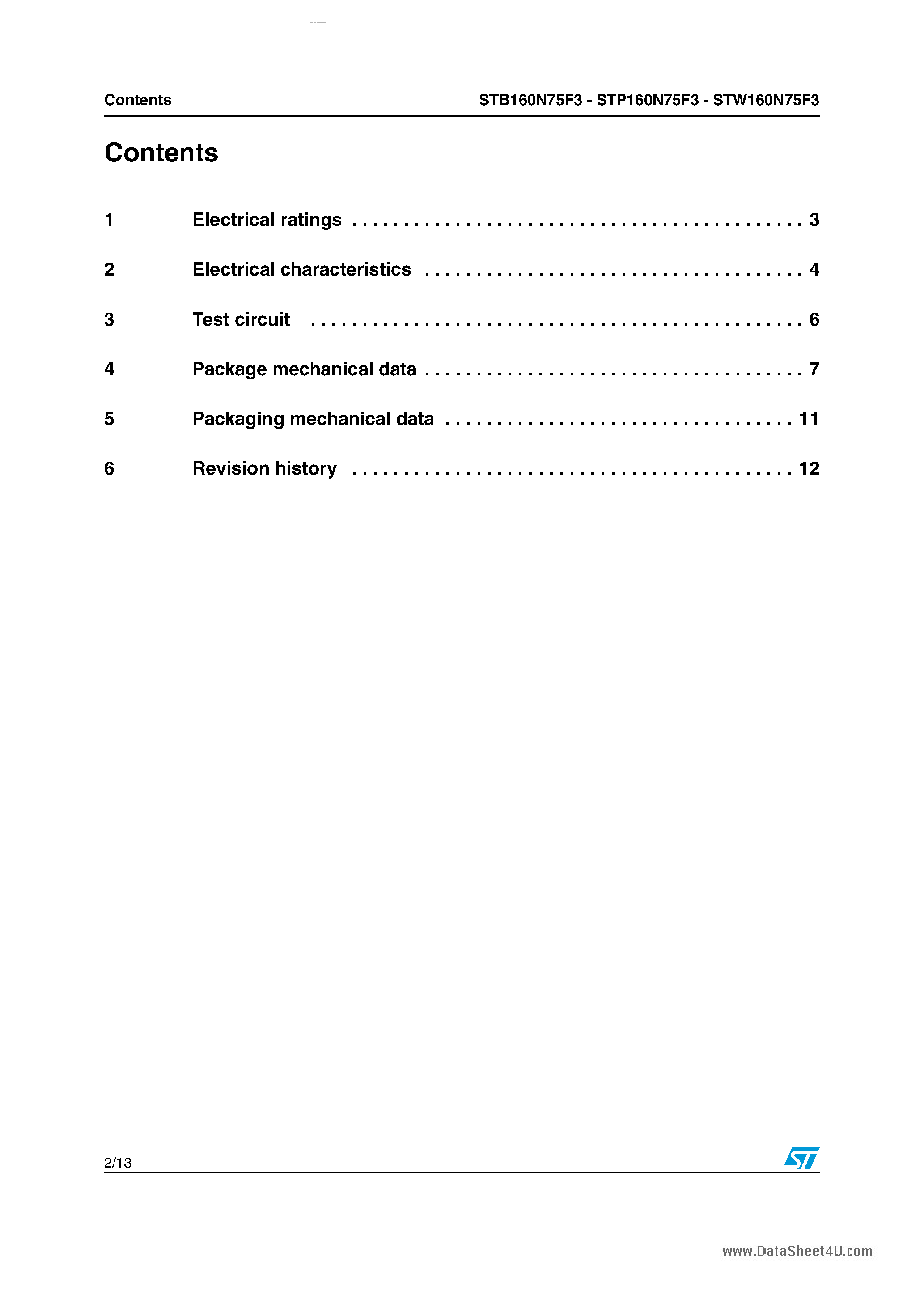 Datasheet STW160N75F3 - N-Channel Power MOSFET page 2