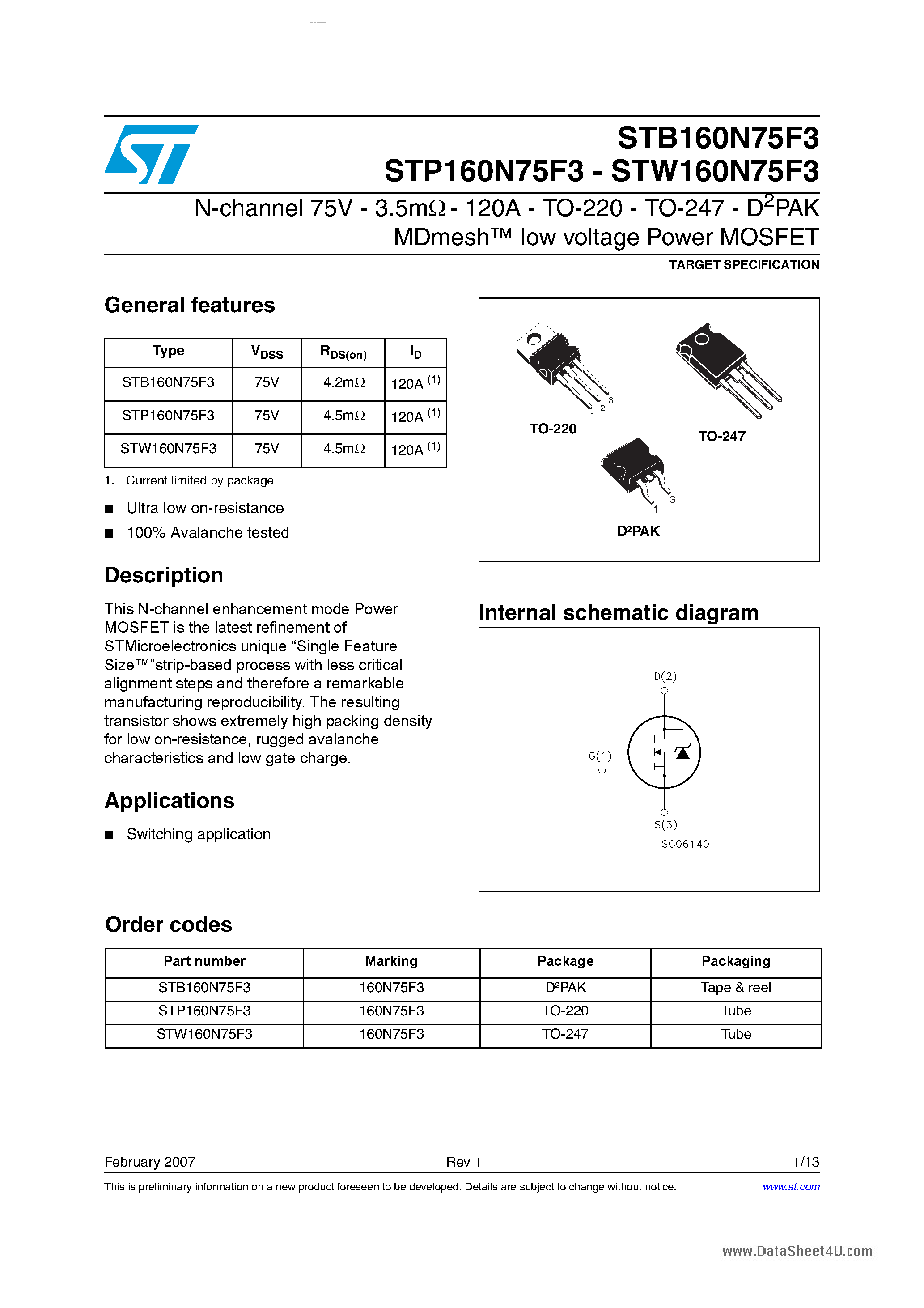 Datasheet STB160N75F3 - N-Channel Power MOSFET page 1