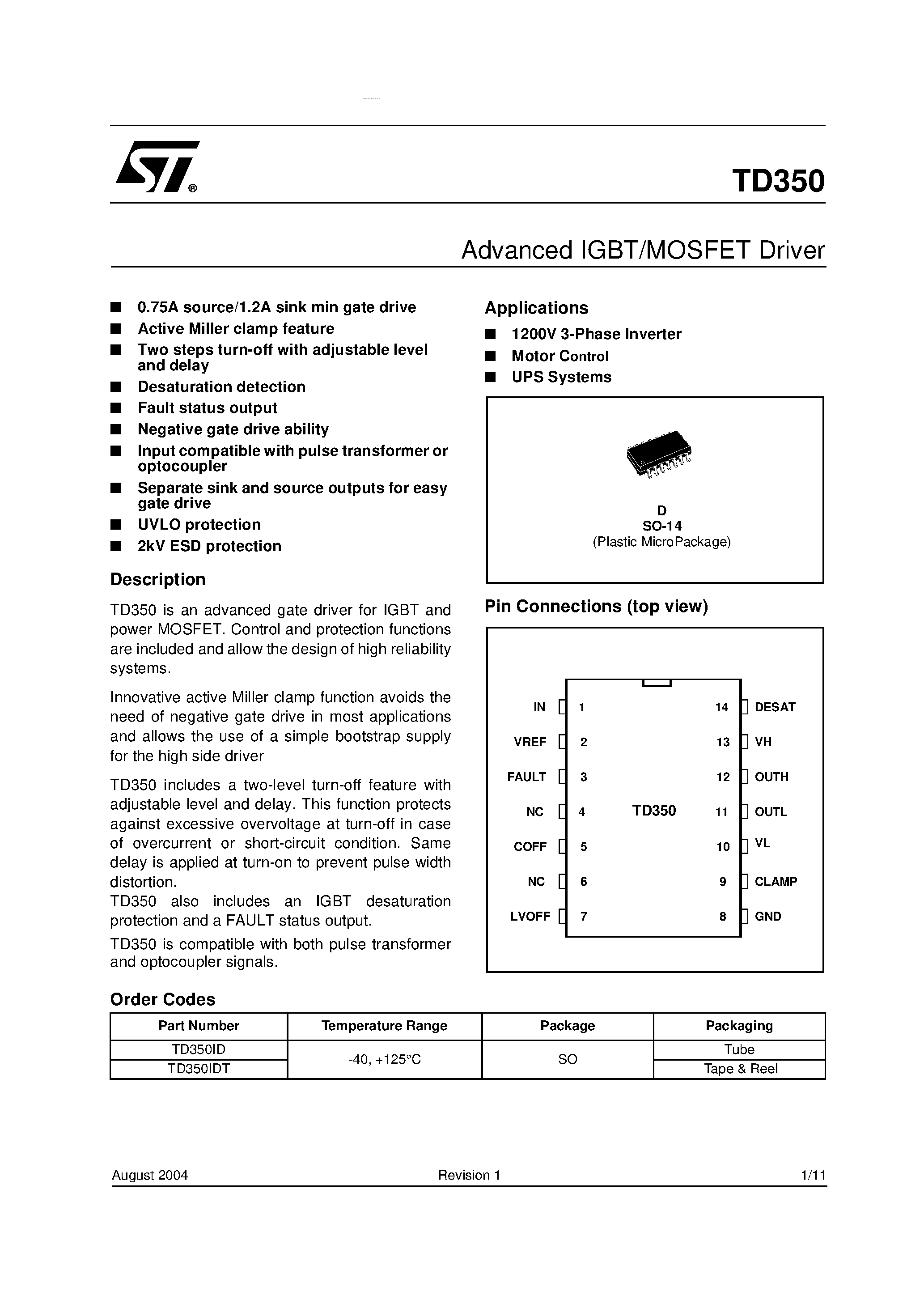 Datasheet TD350 page 1 Datasheet TD350 - Advanced IGBT/MOSFET Driver page 1