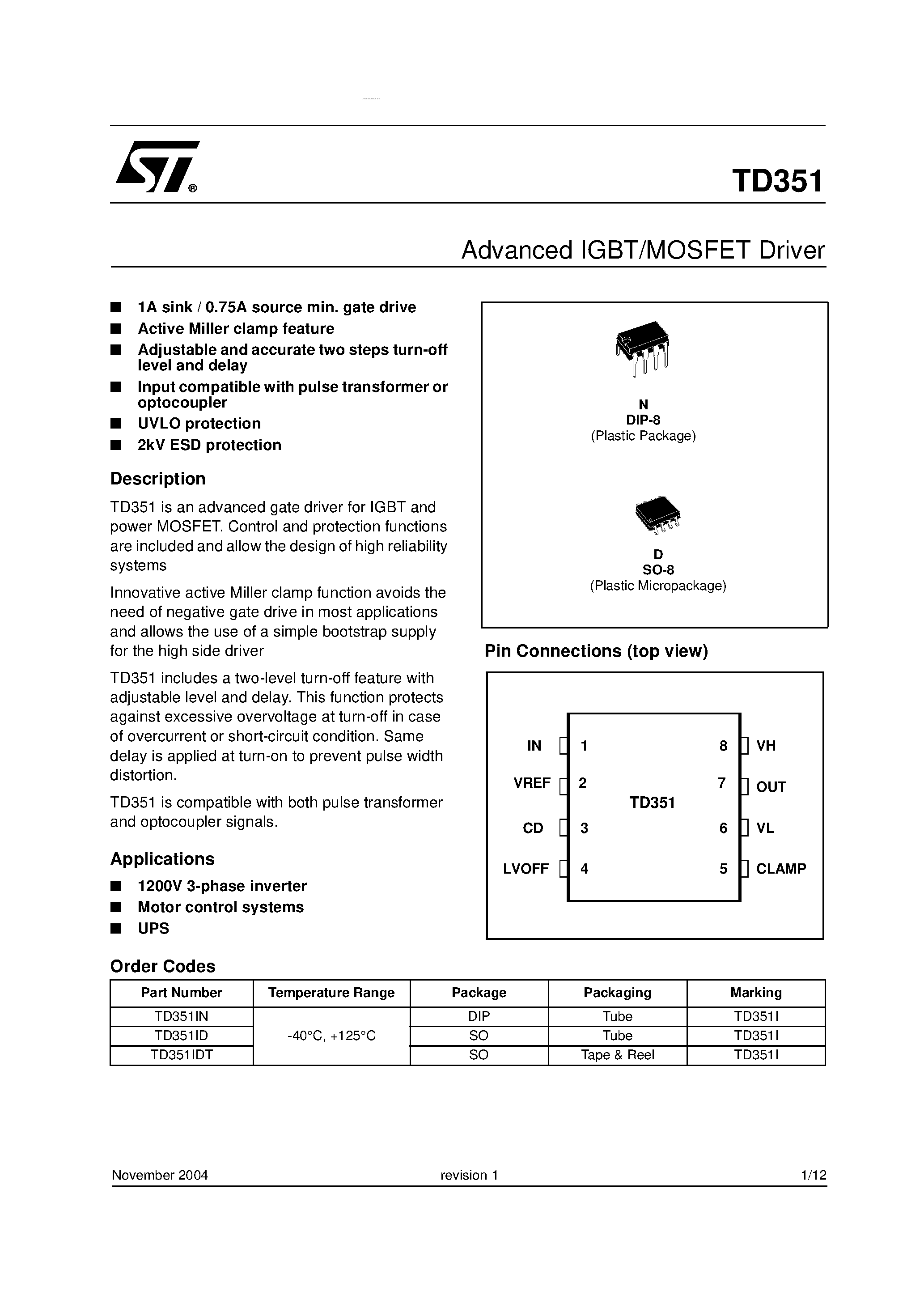 Datasheet TD351 - Advanced IGBT/MOSFET Driver page 1
