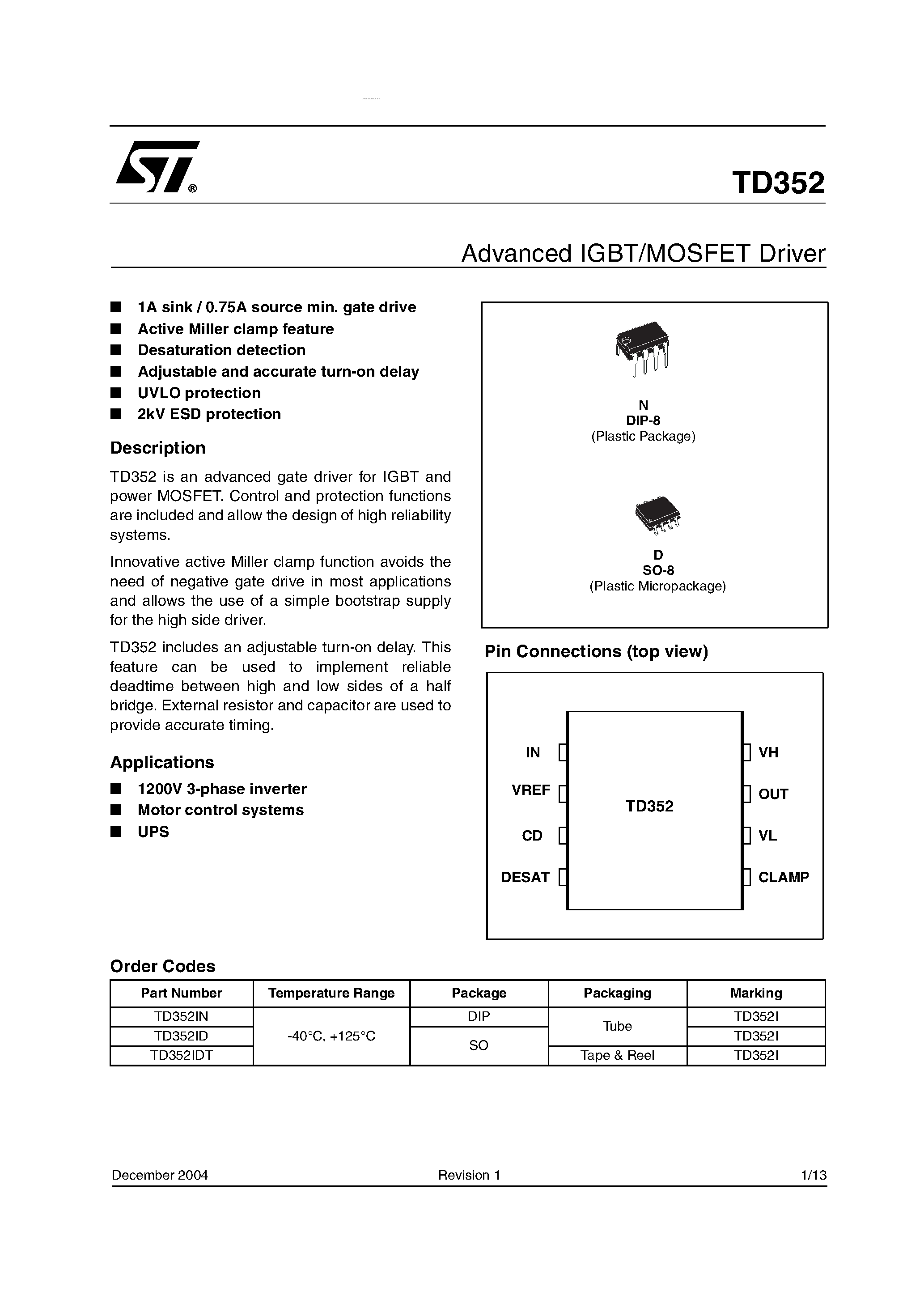 Datasheet TD352 page 1 Datasheet TD352 - Advanced IGBT/MOSFET Driver page 1