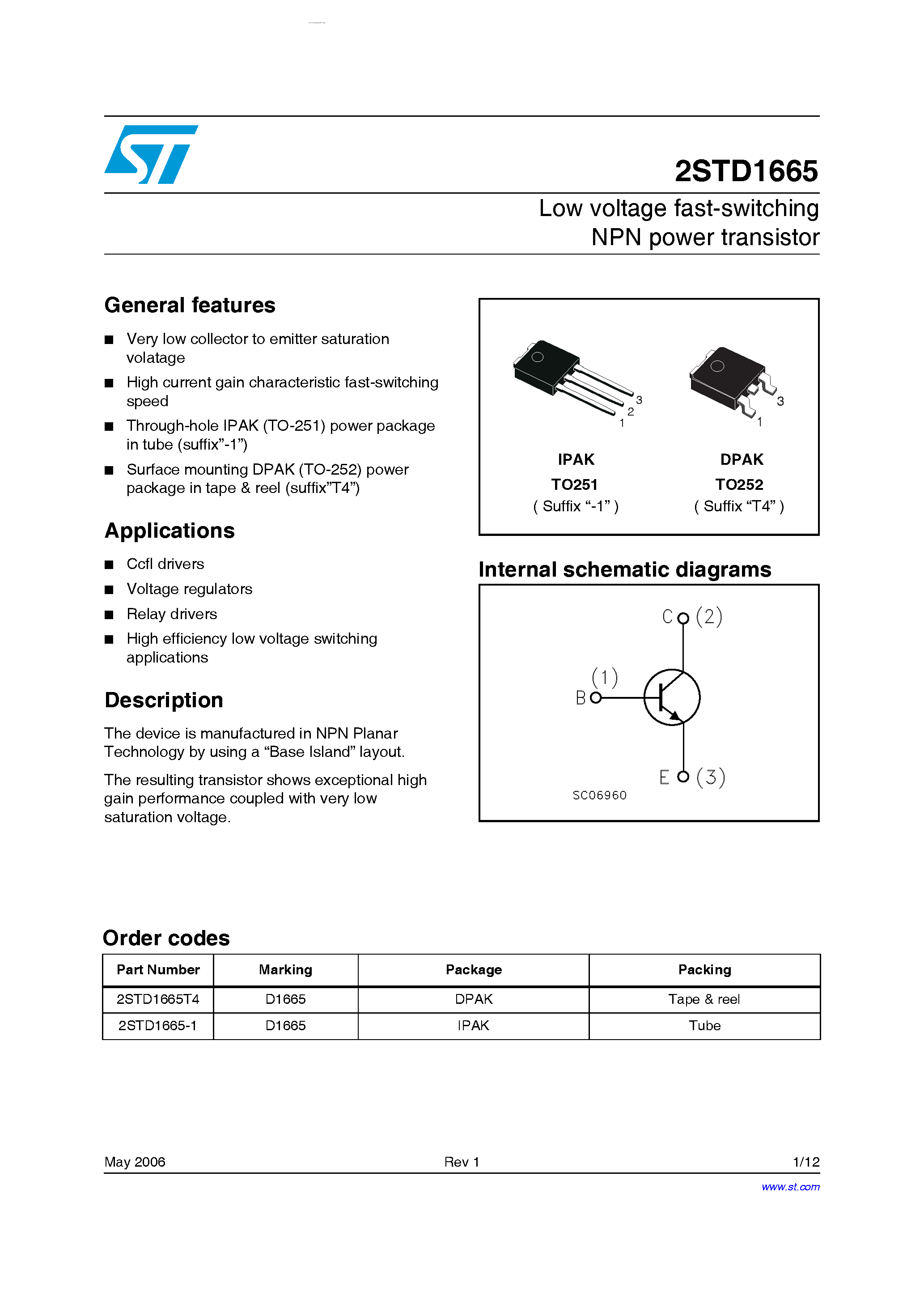 Даташит на микросхему 2STD1665 страница 1 Даташит 2STD1665 - Low voltage fast-switching NPN power transistor страница 1
