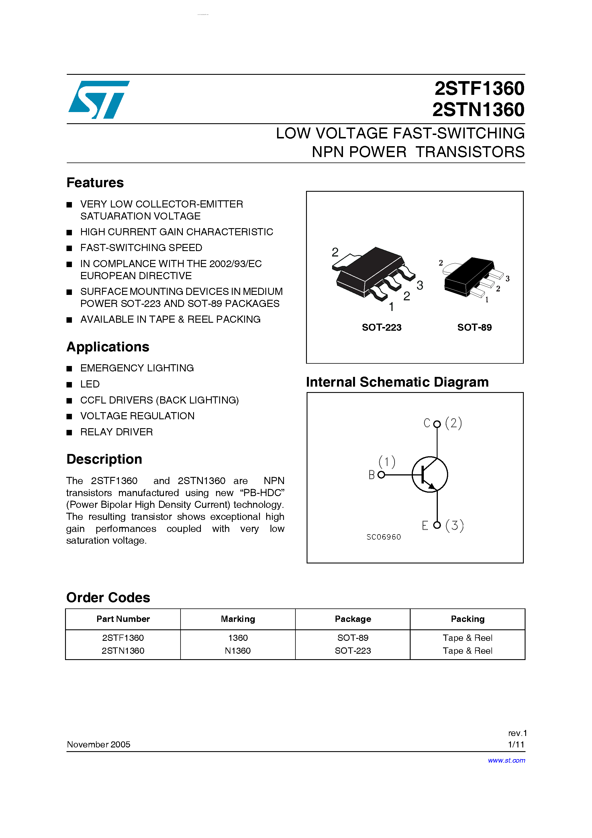 Даташит 2STF1360 - (2STF1360 / 2STN1360) LOW VOLTAGE FAST-SWITCHING NPN POWER TRANSISTORS страница 1