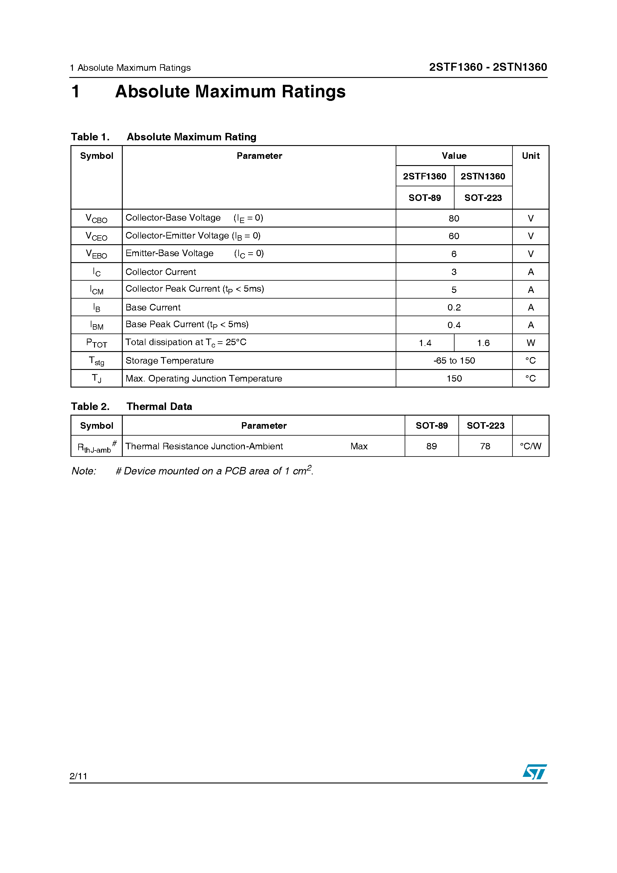 Даташит 2STF1360 - (2STF1360 / 2STN1360) LOW VOLTAGE FAST-SWITCHING NPN POWER TRANSISTORS страница 2