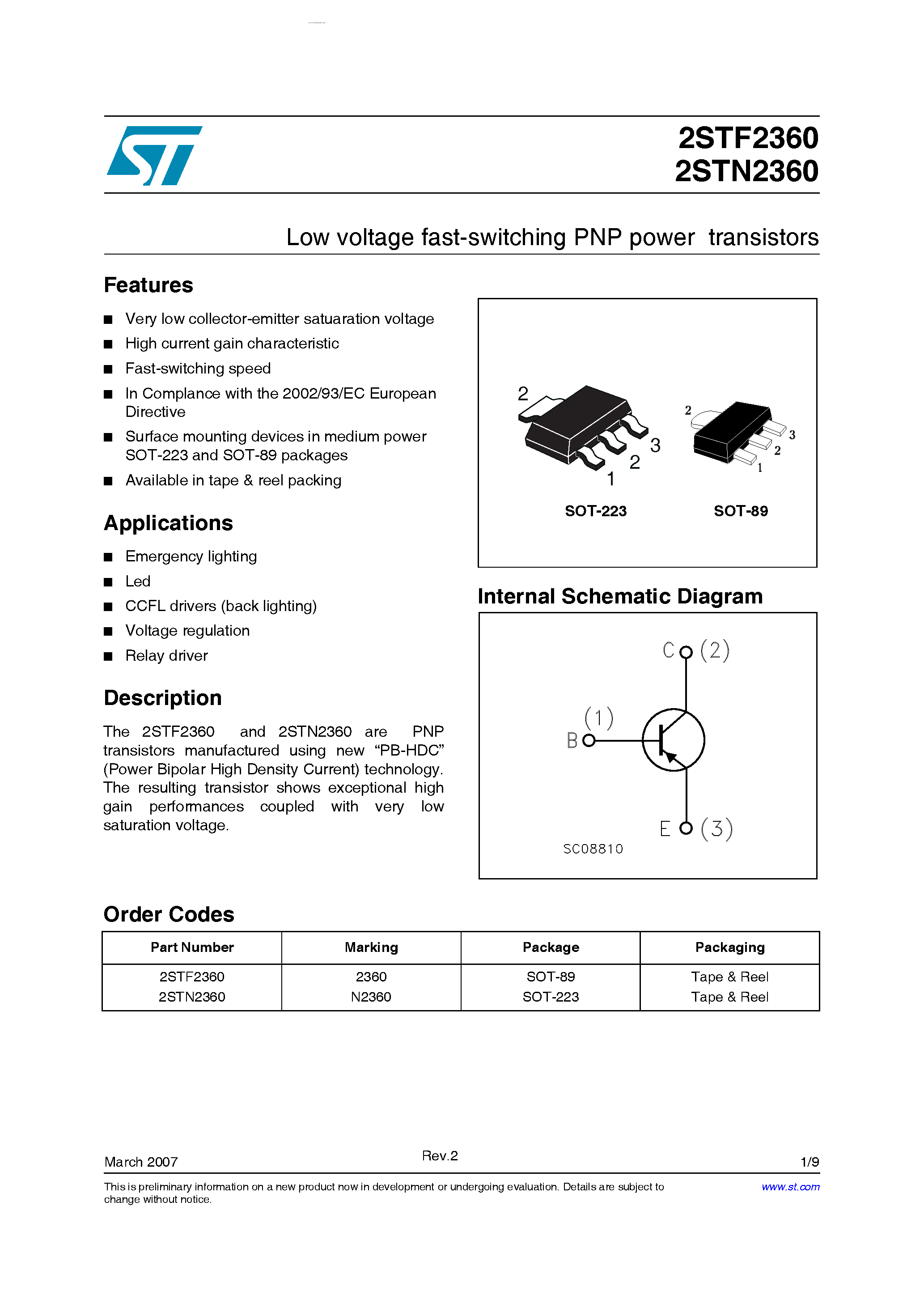 Даташит 2STF2360 - (2STF2360 / 2STN2360) Low voltage fast-switching PNP power transistors страница 1