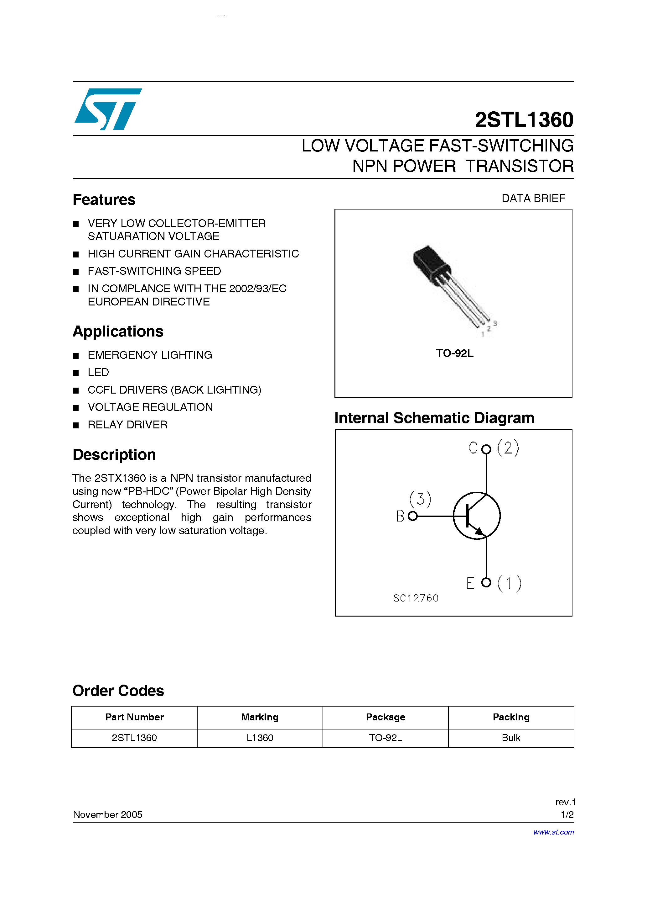 Даташит на микросхему 2STL1360 страница 1 Даташит 2STL1360 - LOW VOLTAGE FAST-SWITCHING NPN POWER TRANSISTOR страница 1