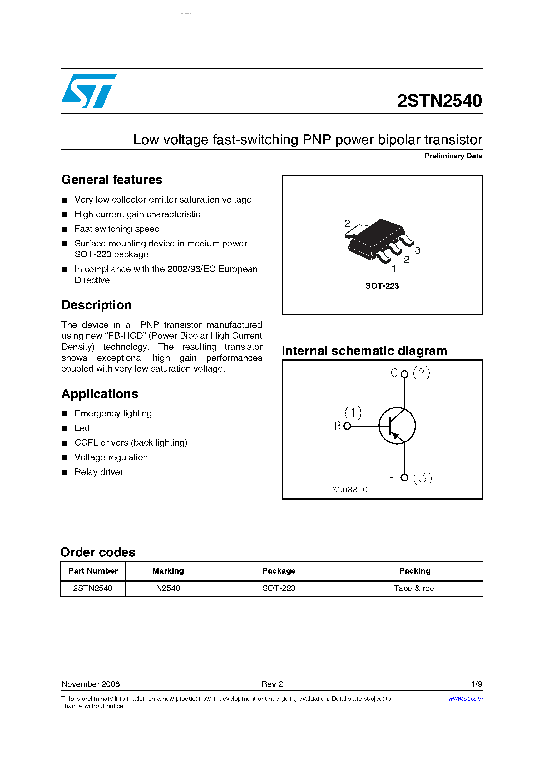 Даташит на микросхему 2STN2540 страница 1 Даташит 2STN2540 - Low voltage fast-switching PNP power bipolar transistor страница 1