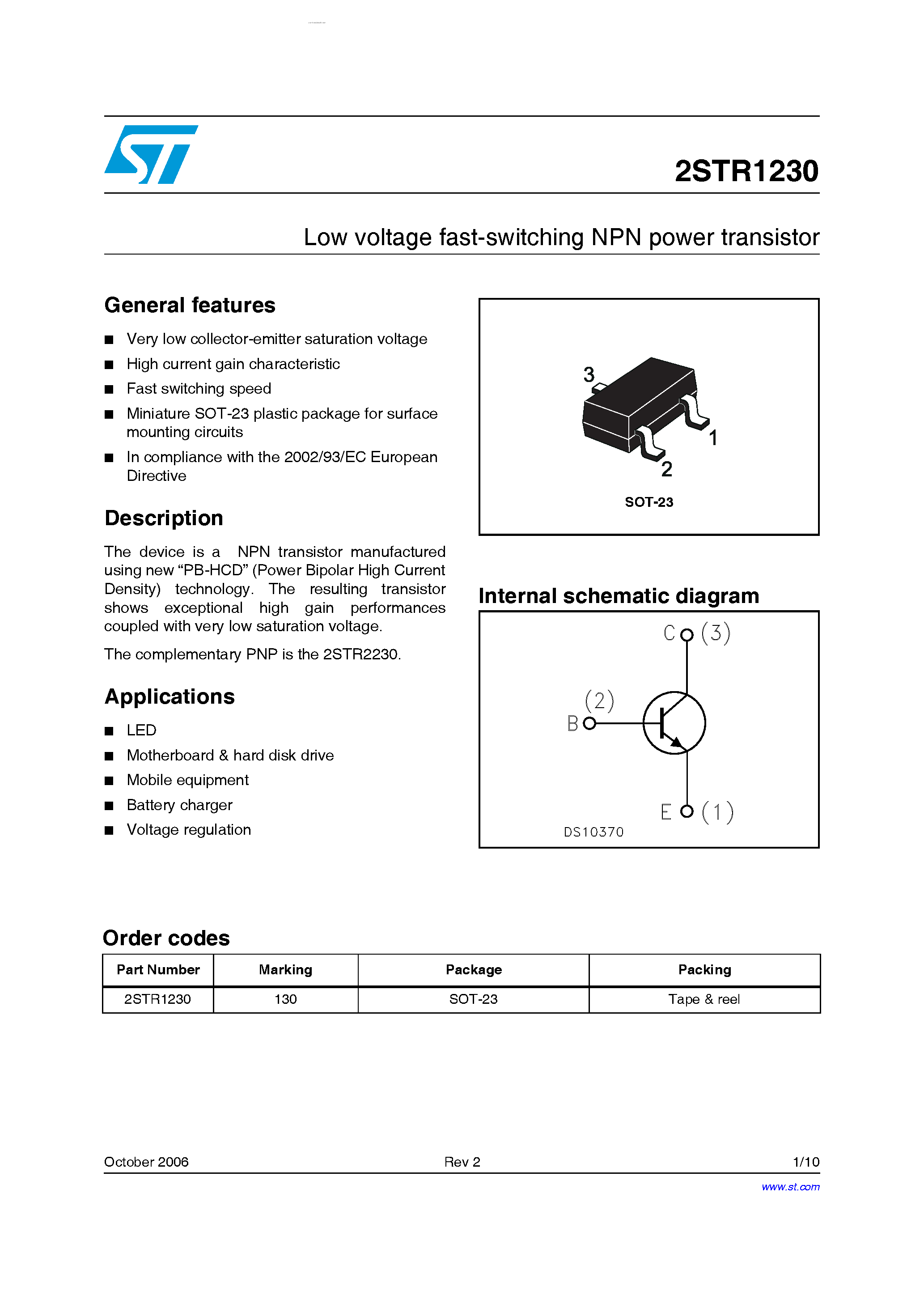 Даташит на микросхему 2STR1230 страница 1 Даташит 2STR1230 - Low voltage fast-switching NPN power transistor страница 1