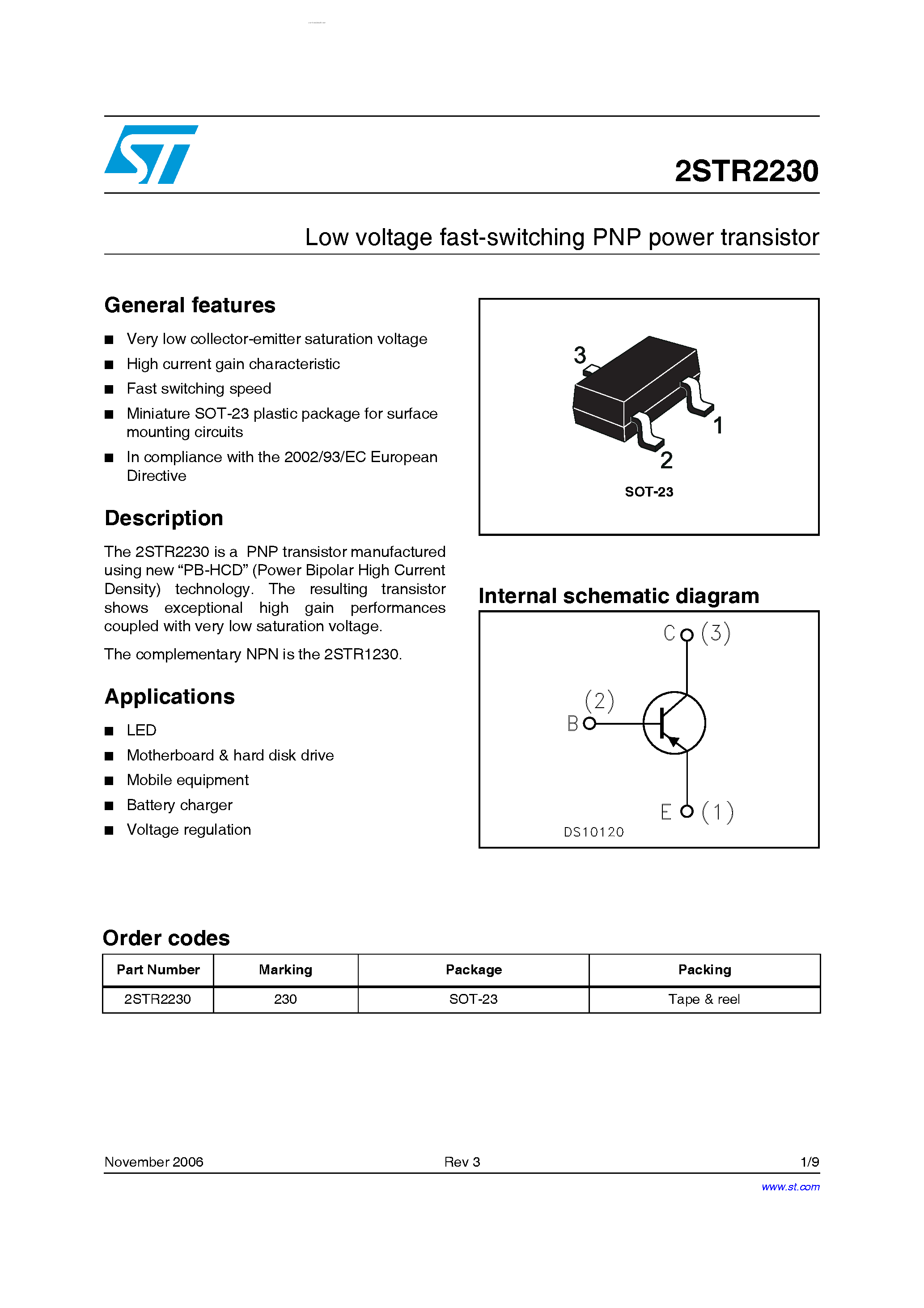 Даташит на микросхему 2STR2230 страница 1 Даташит 2STR2230 - Low voltage fast-switching NPN power transistor страница 1